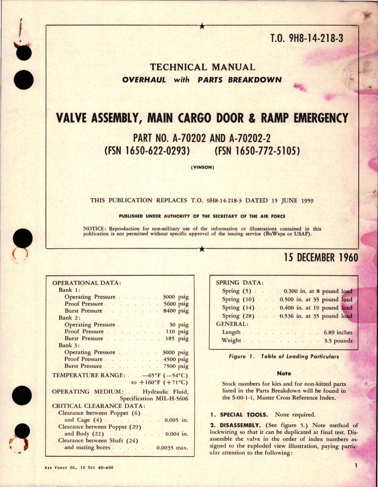 Sample page 1 from AirCorps Library document: Overhaul with Parts Breakdown for Main Cargo Door & Ramp Emergency Valve Assembly - Parts A-70202 and A-70202-2