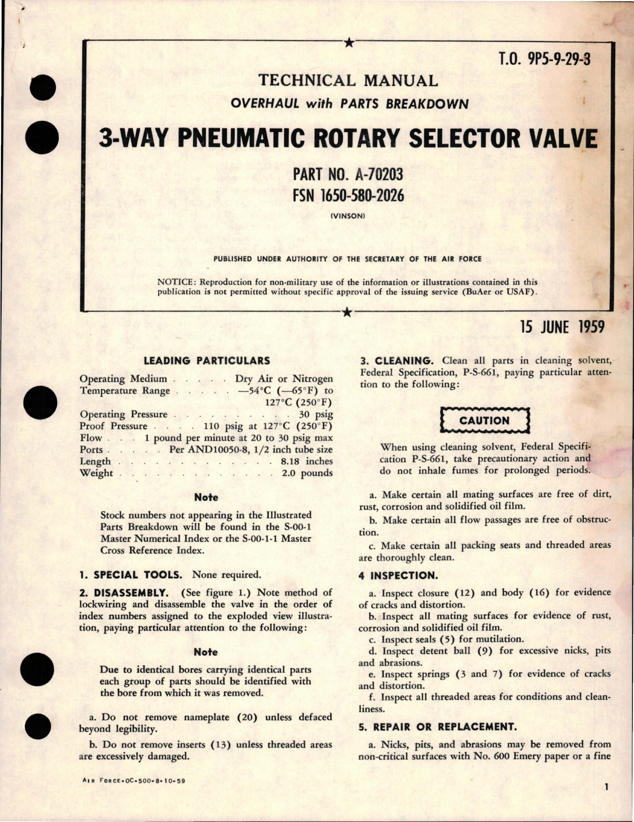 Sample page 1 from AirCorps Library document: Overhaul with Parts Breakdown for Pneumatic Rotary Selector Valve - 3-Way - Part A-70203