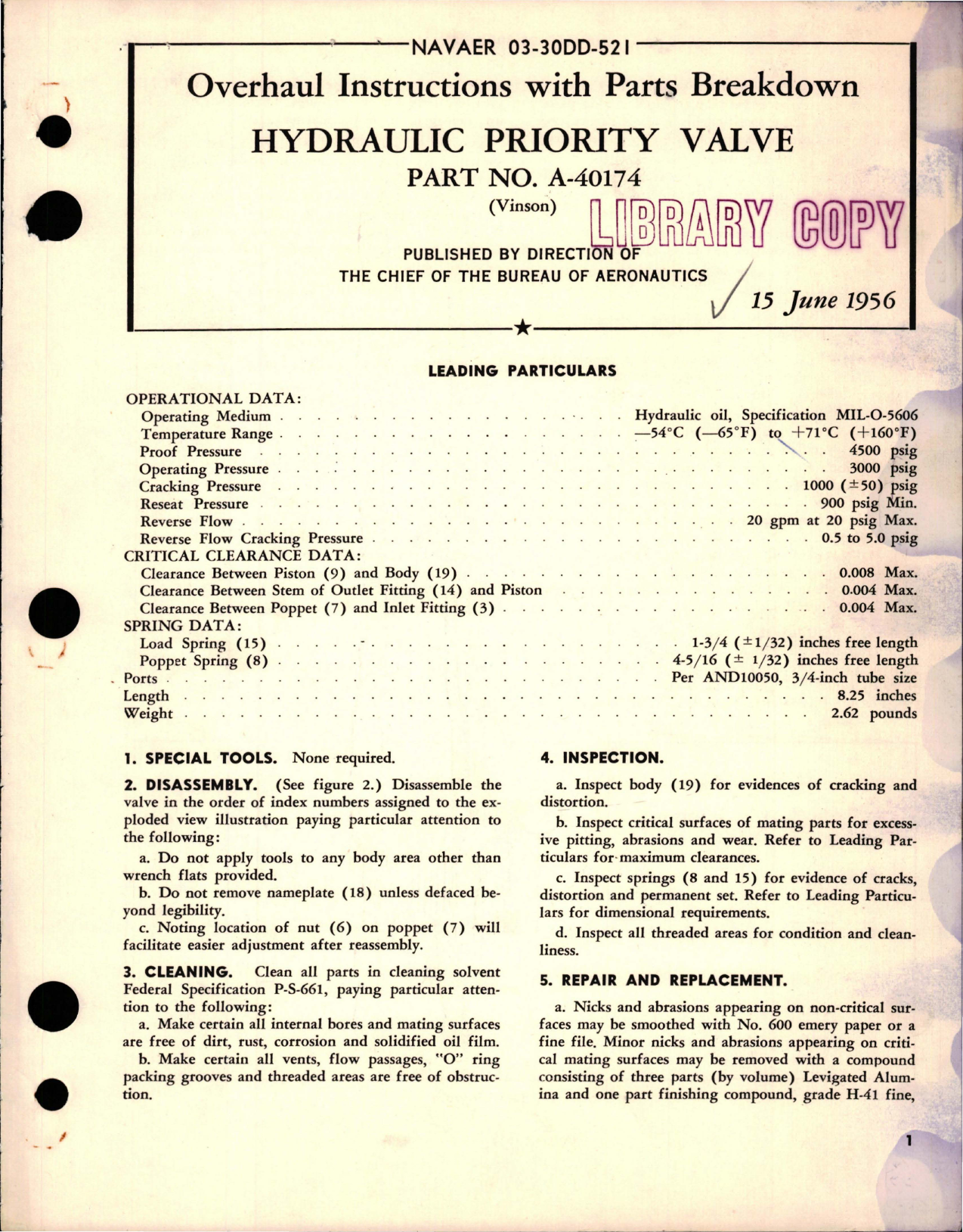 Sample page 1 from AirCorps Library document: Overhaul Instructions with Parts Breakdown for Hydraulic Priority Valve - Part A-40174
