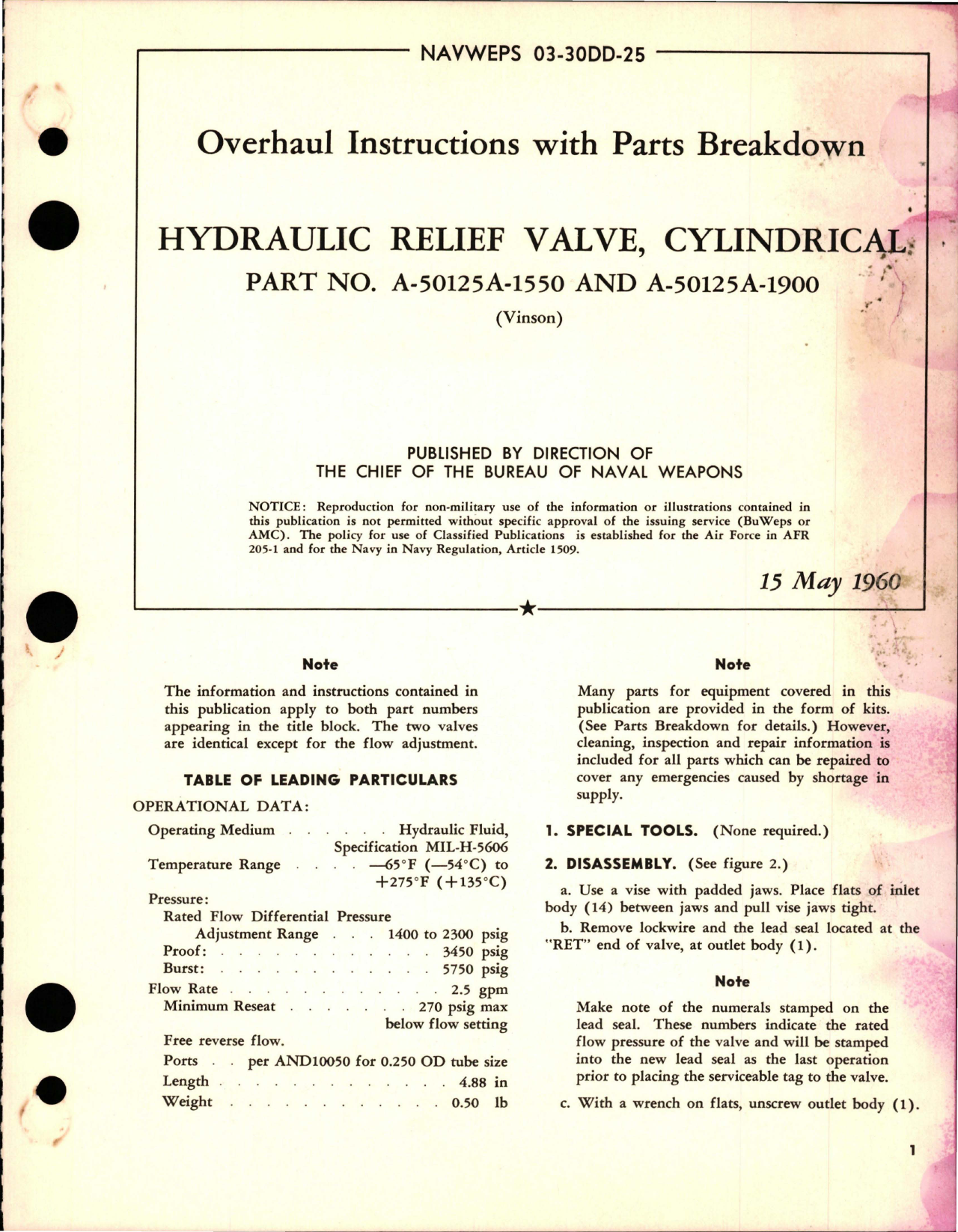 Sample page 1 from AirCorps Library document: Overhaul Instructions with Parts Breakdown for Cylindrical Hydraulic Relief Valve - Part A-50125A-1550 and A-50125A-1900