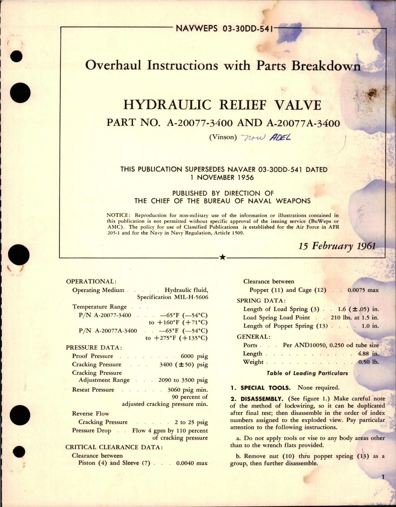 Sample page 1 from AirCorps Library document: Overhaul Instructions with Parts Breakdown for Hydraulic Relief Valve - Part A-20077-3400 and A-20077A-3400