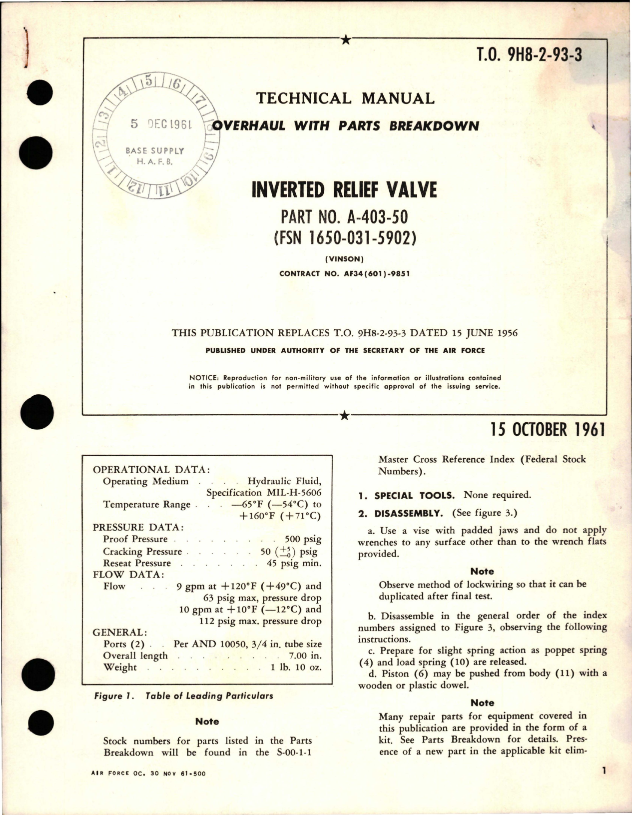 Sample page 1 from AirCorps Library document: Overhaul with Parts Breakdown for Inverted Relief Valve - Part A-403-50