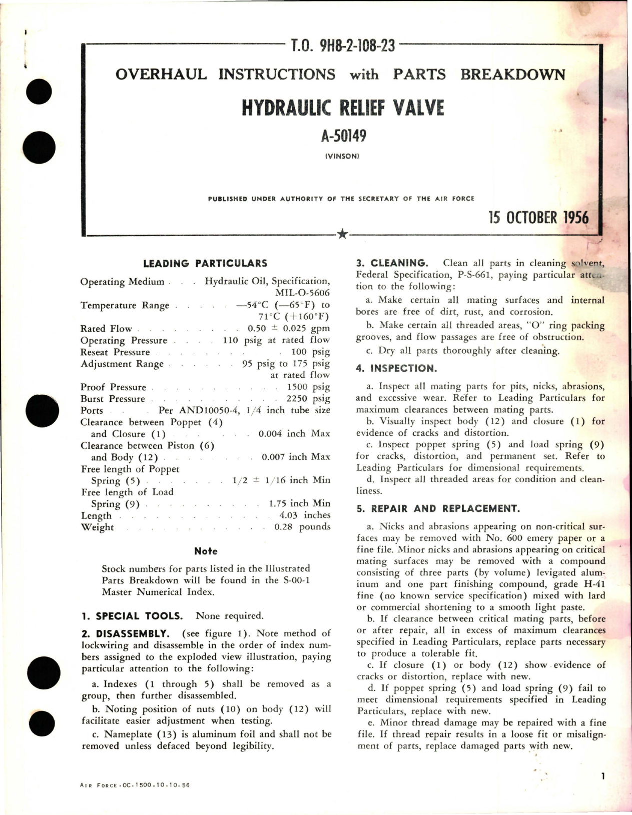 Sample page 1 from AirCorps Library document: Overhaul Instructions with Parts Breakdown for Hydraulic Relief Valve - A-50149 