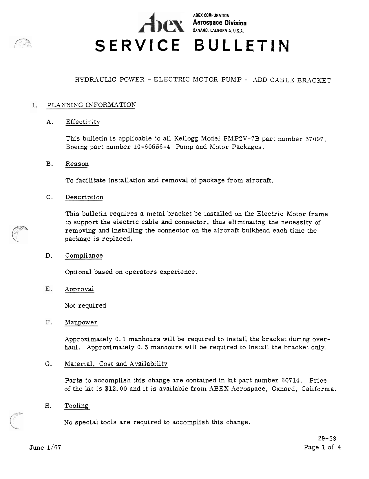 Sample page 1 from AirCorps Library document: Add Cable Bracket for Hydraulic Power Electric Motor Pump