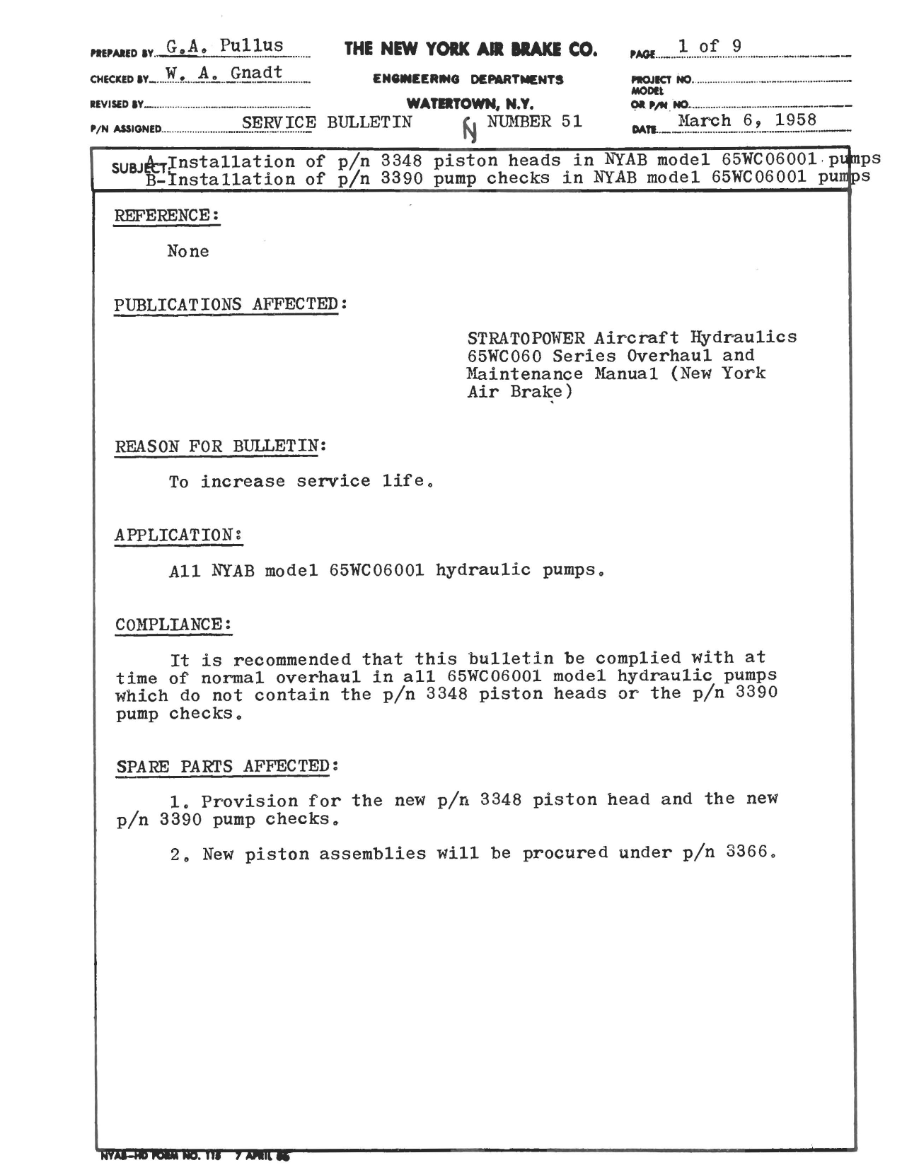 Sample page 1 from AirCorps Library document: Installation of Part 3348 Piston Heads in NYAB Model 65WC06001 and Installation of Part 3390 Pump Checks in NYAB Model 65WC06001