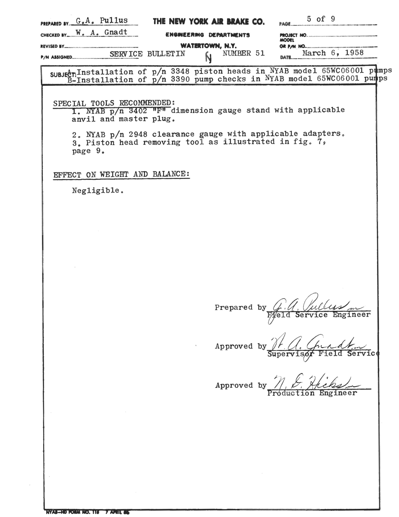 Sample page 5 from AirCorps Library document: Installation of Part 3348 Piston Heads in NYAB Model 65WC06001 and Installation of Part 3390 Pump Checks in NYAB Model 65WC06001