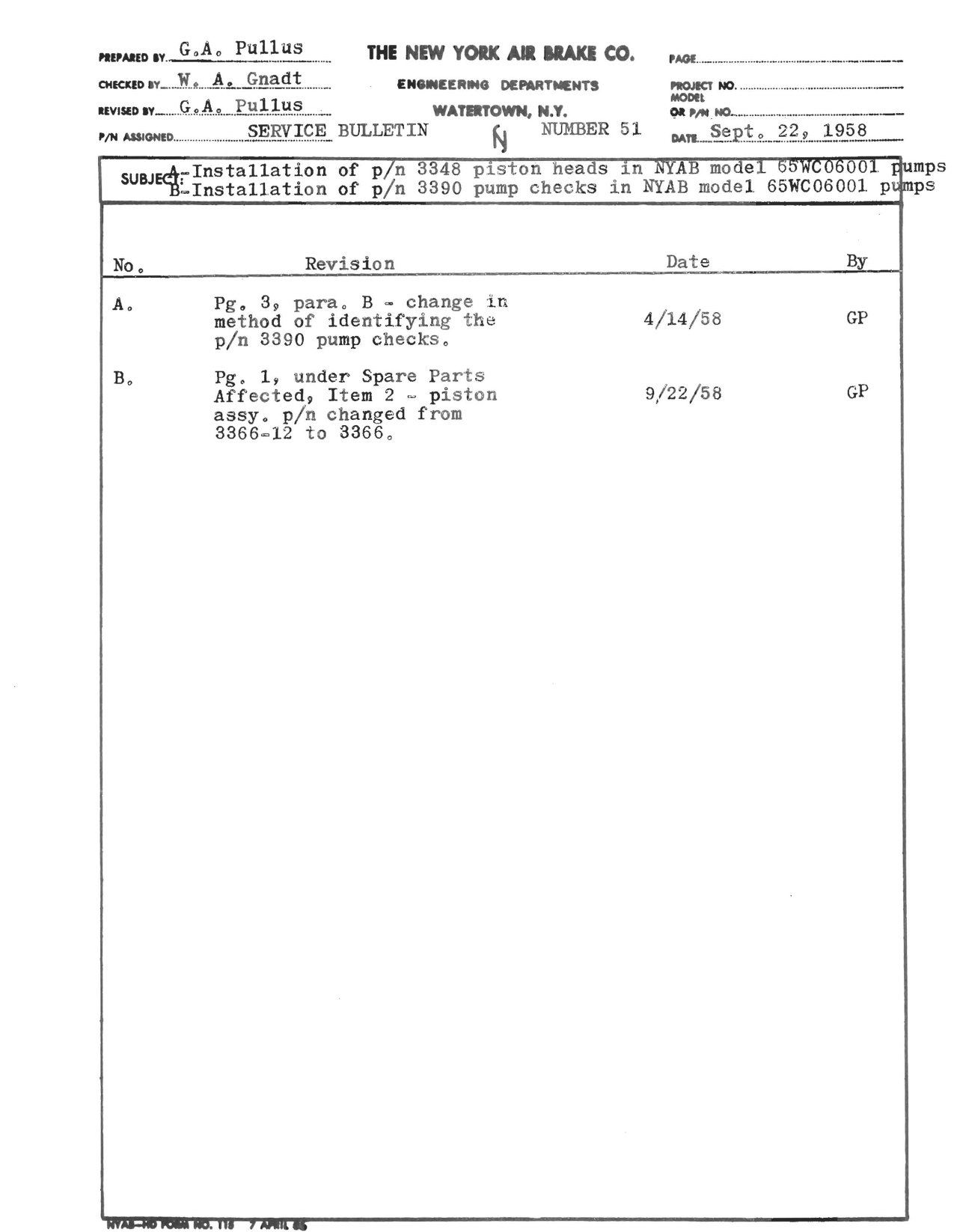 Sample page 1 from AirCorps Library document: Installation of Part 3348 Piston Heads in NYAB Model 65WC06001and Installation of Part 3390 Pump Checks in NYAB Model 65WC06001