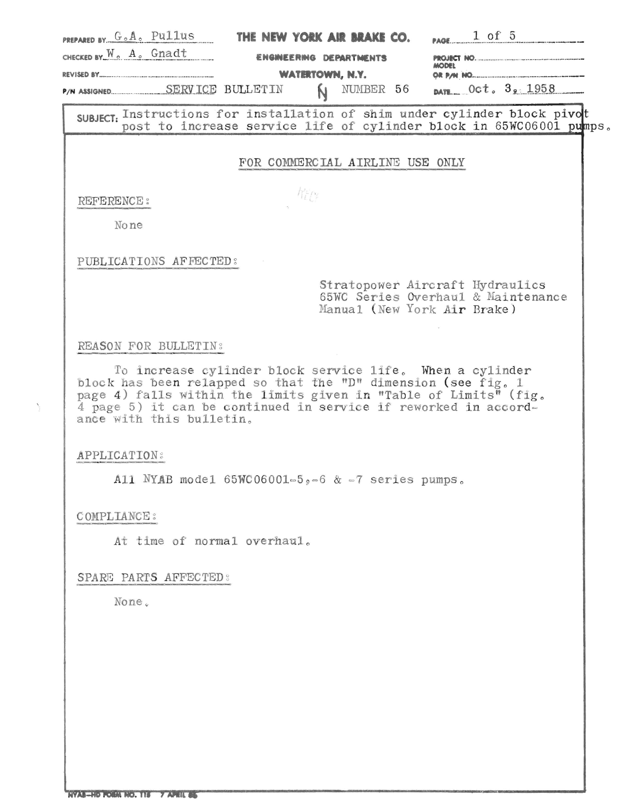 Sample page 1 from AirCorps Library document: Instructions for Installation of Shim under Cylinder Block Pivot Post to Increase Service Life of Cylinder Block - 65WC06001 Pump