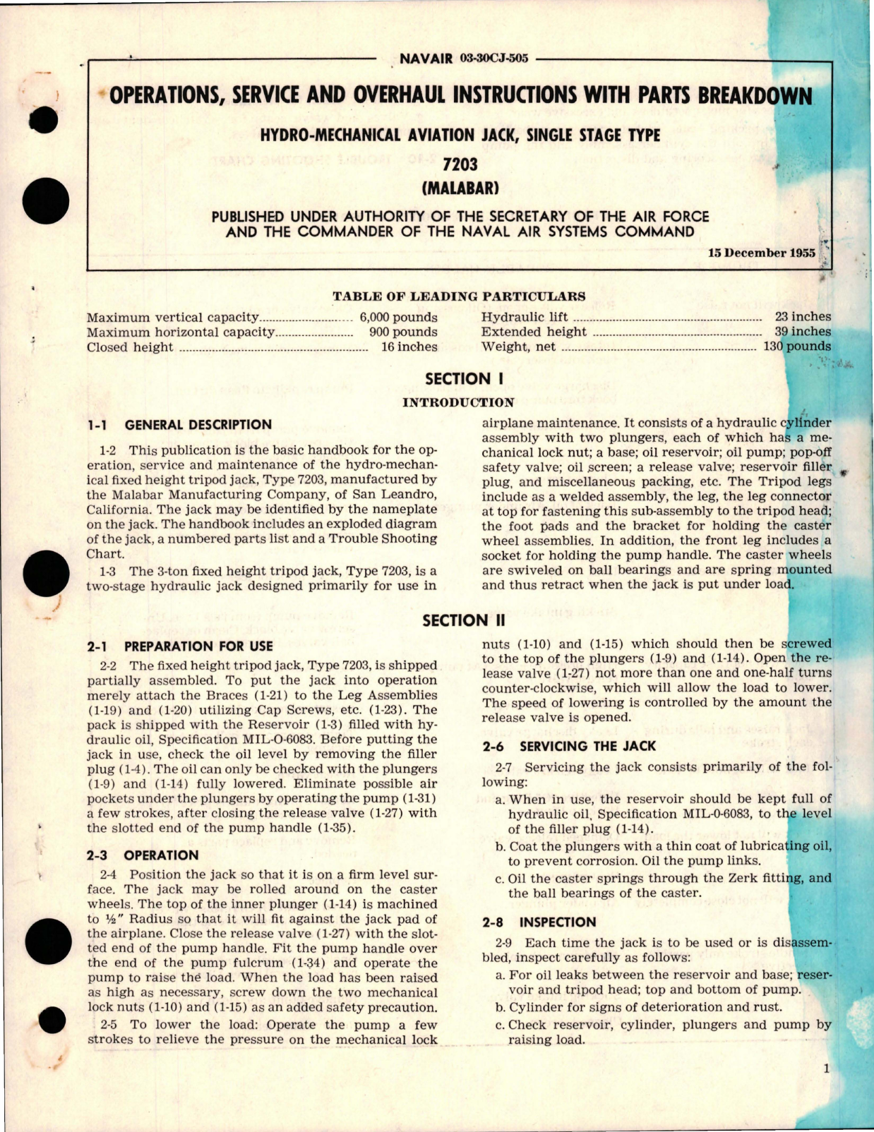 Sample page 1 from AirCorps Library document: Operations, Service and Overhaul Instructions with Parts for Single Stage Type Hydro Mechanical Aviation Jack - 7203