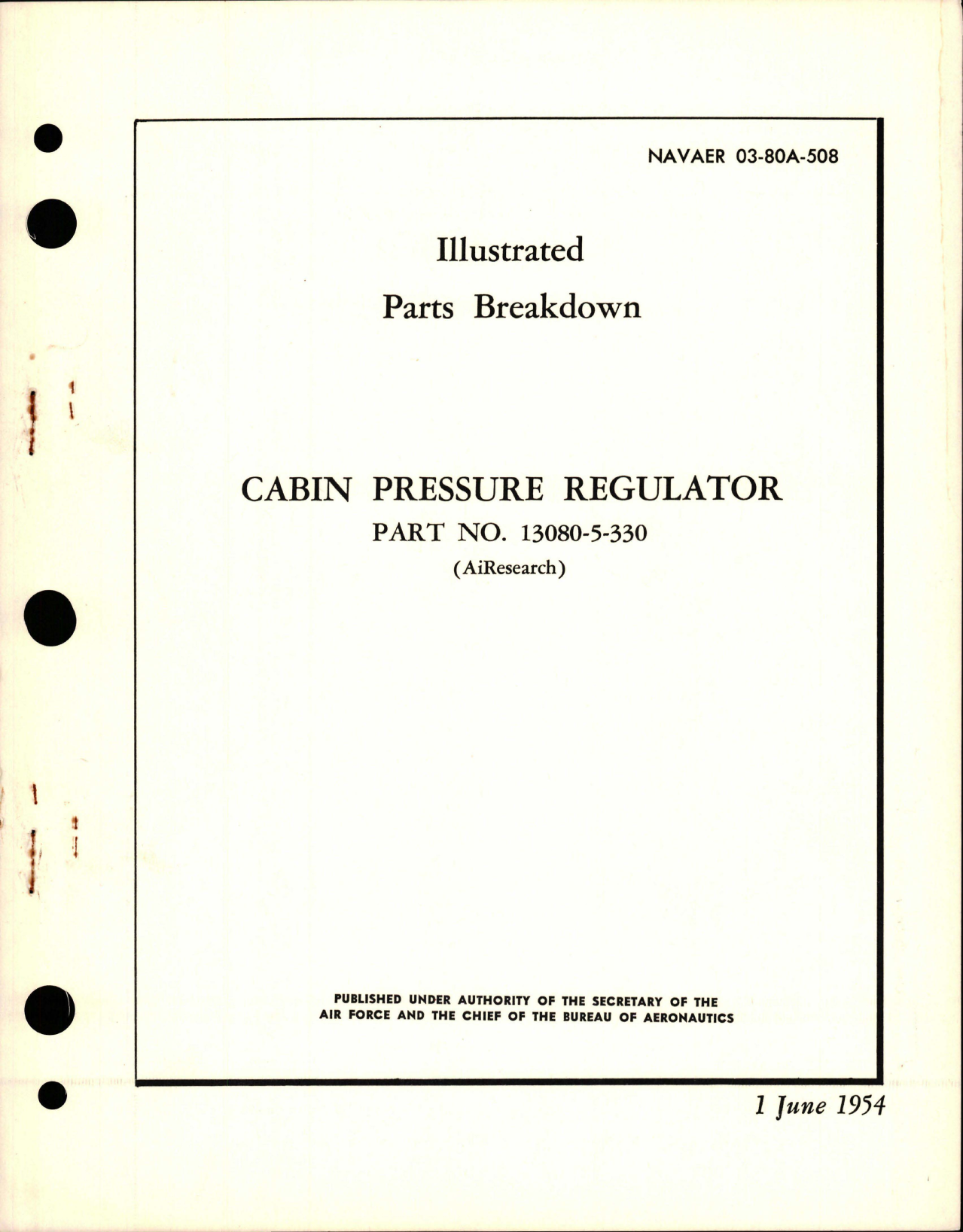 Sample page 1 from AirCorps Library document: Illustrated Parts Breakdown for Cabin Pressure Regulator - Part 13080-5-330 