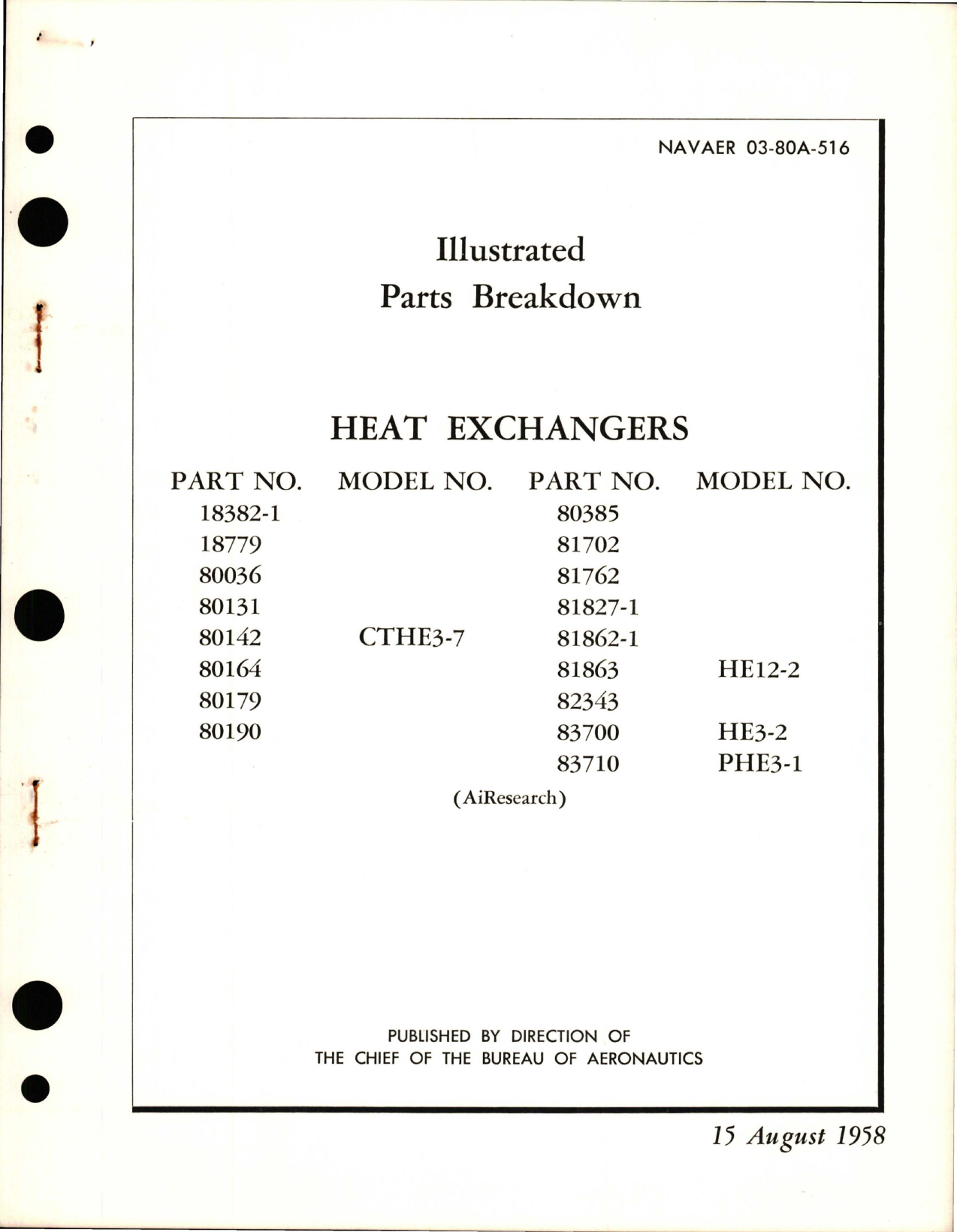 Sample page 1 from AirCorps Library document: Illustrated Parts Breakdown for Heat Exchangers