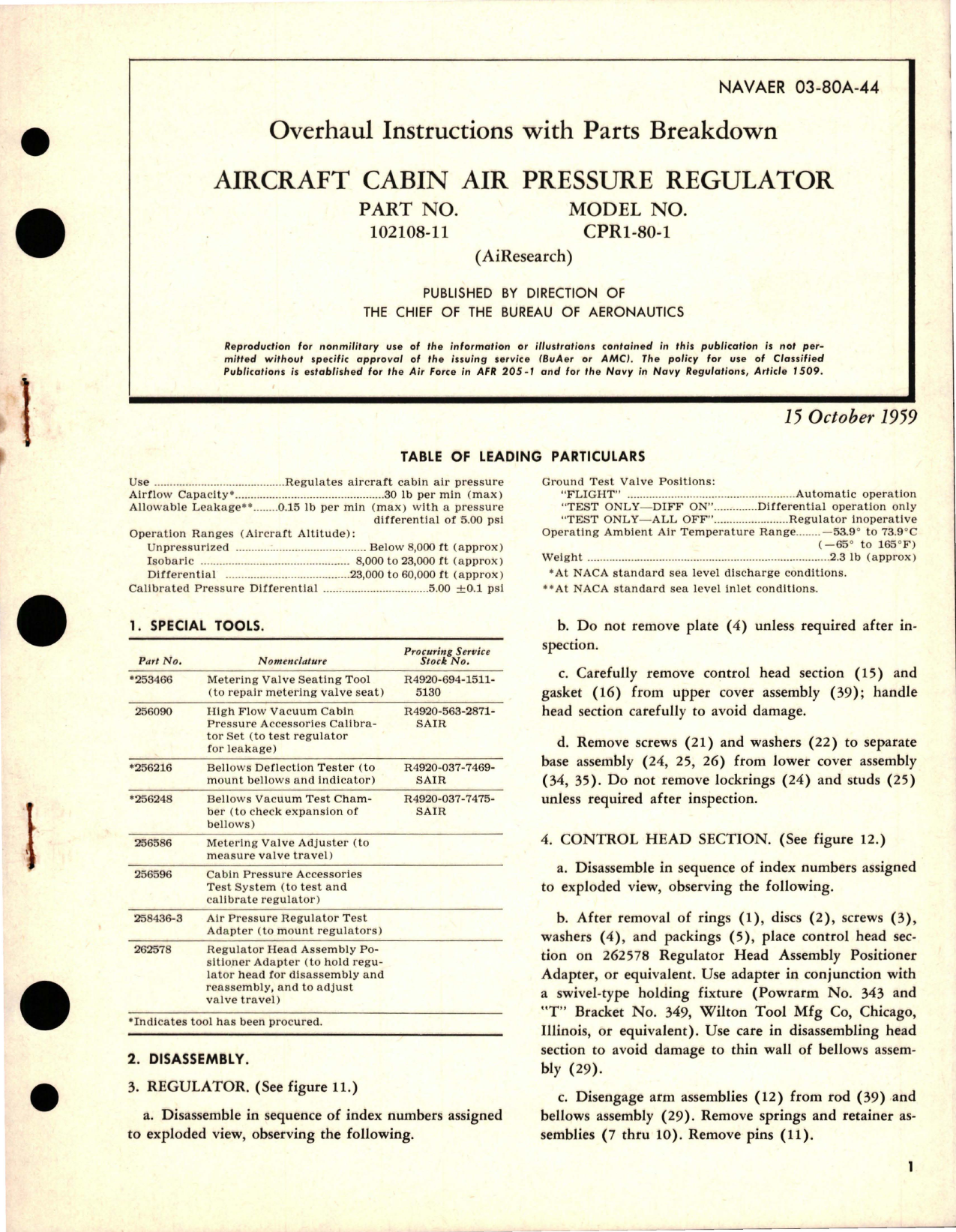 Sample page 1 from AirCorps Library document: Overhaul Instructions with Parts Breakdown for Aircraft Cabin Air Pressure Regulator - Part 102108-11 - Model CPR1-80-1 