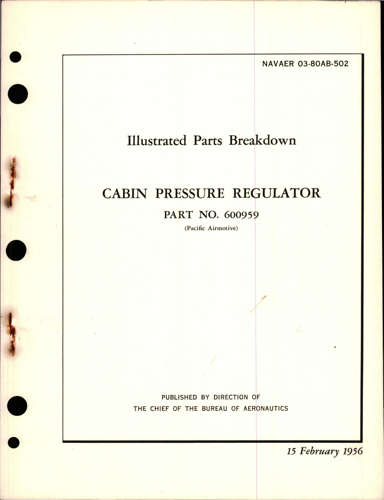Sample page 1 from AirCorps Library document: Illustrated Parts Breakdown for Cabin Pressure Regulator - Part 600959 
