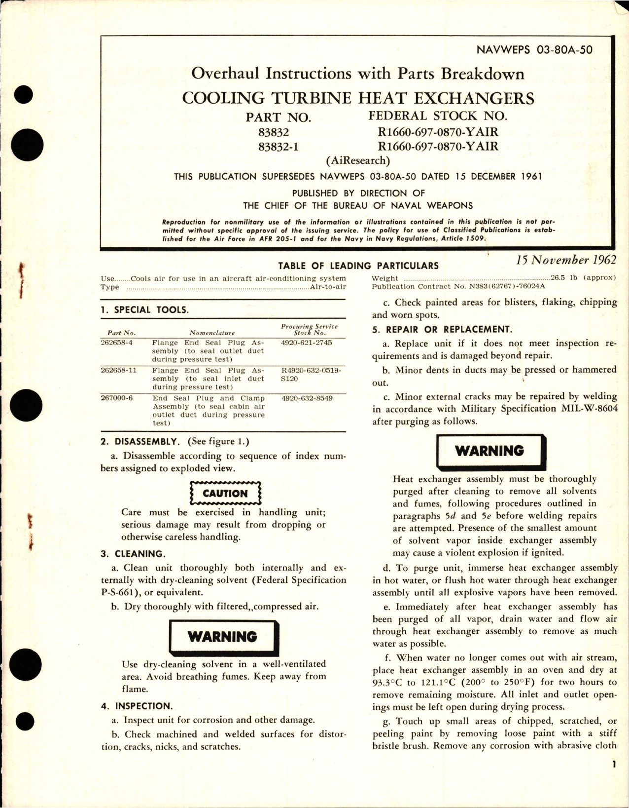 Sample page 1 from AirCorps Library document: Overhaul Instructions with Parts Breakdown for Cooling Turbine Heat Exchangers - Parts 83832 and 83832-1 