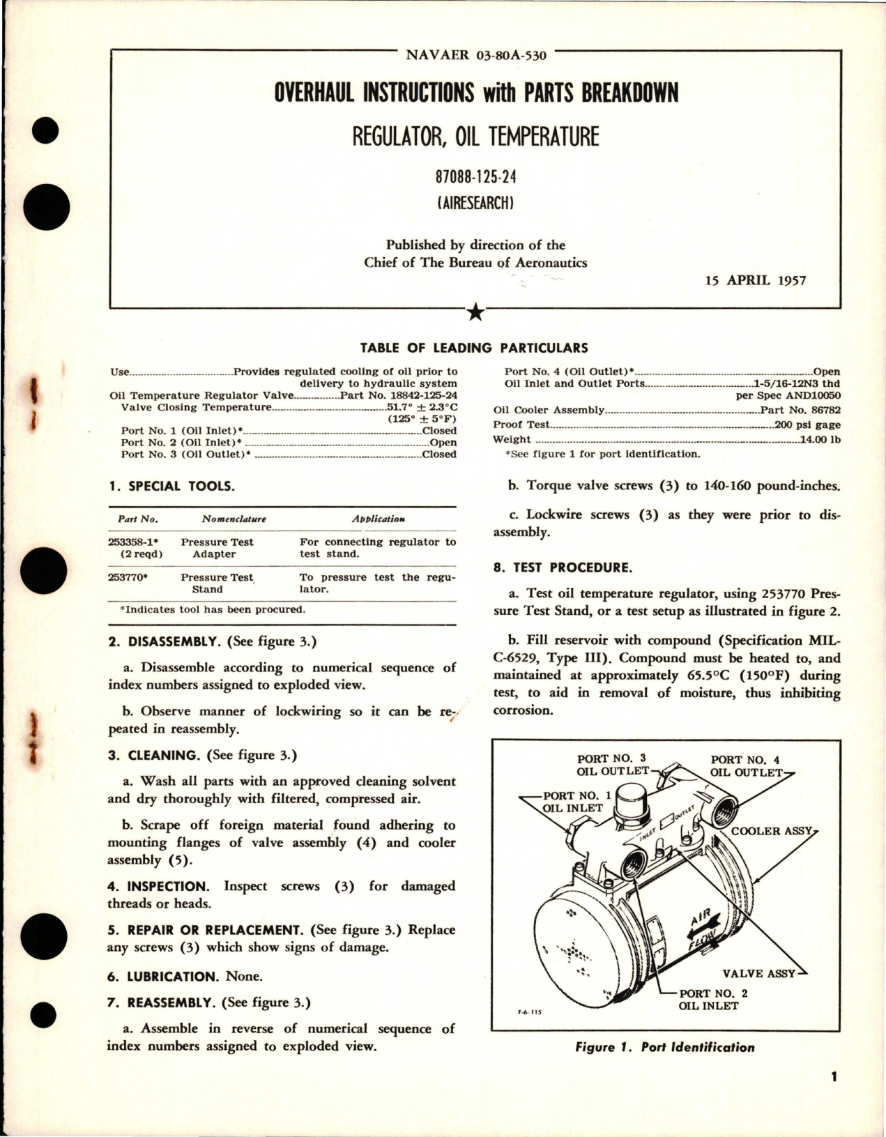 Sample page 1 from AirCorps Library document: Overhaul Instructions with Parts Breakdown for Oil Temperature Regulator - 87088-125-24 