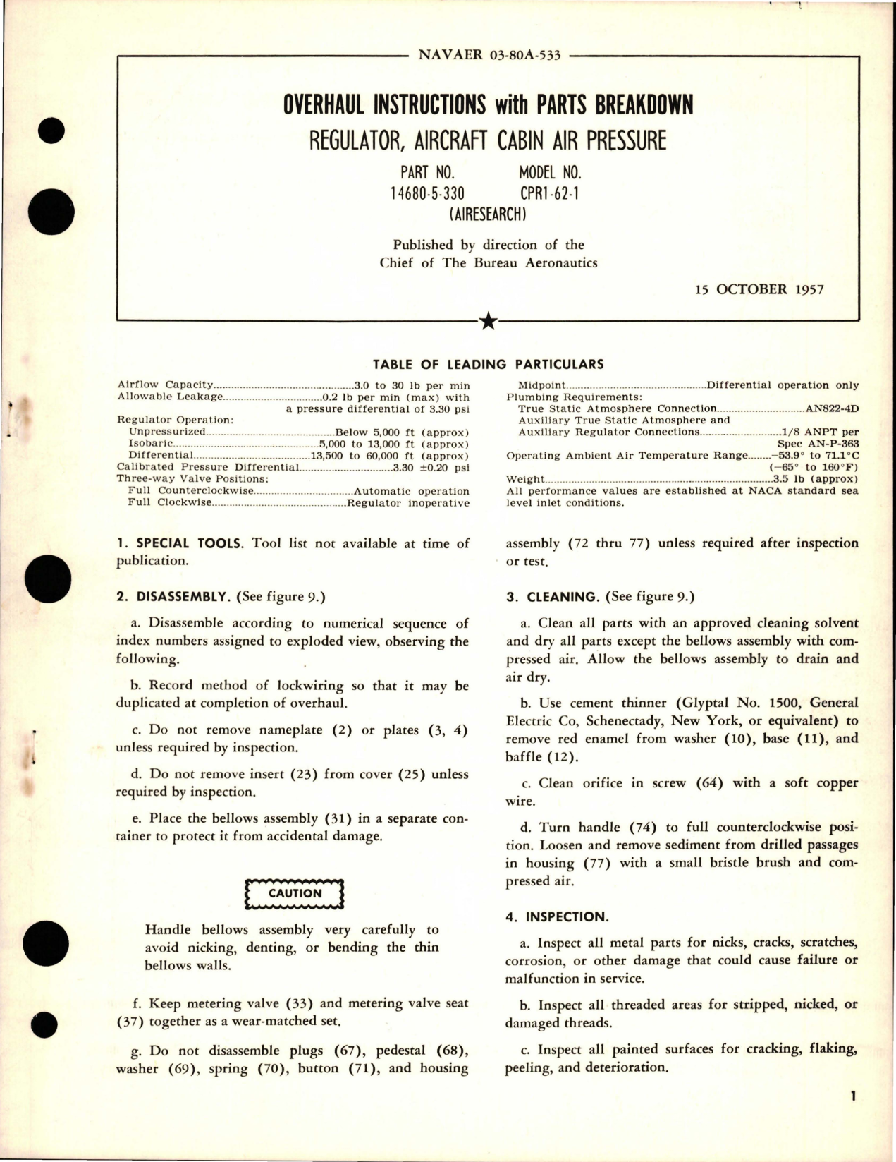 Sample page 1 from AirCorps Library document: Overhaul Instructions with Parts Breakdown for Aircraft Cabin Air Pressure Regulator - Part 14680-5-330 - Model CPR1-62-1