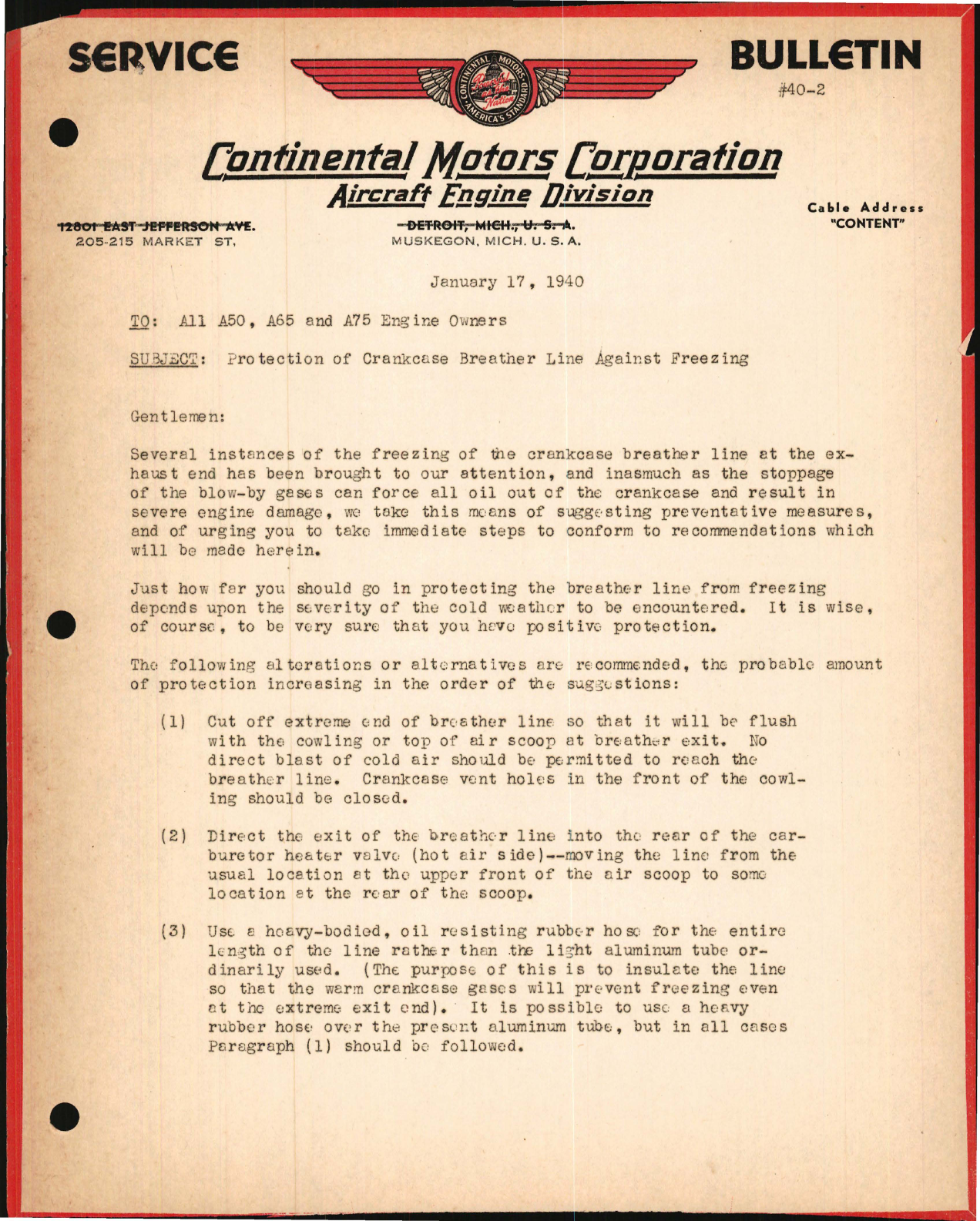 Sample page 1 from AirCorps Library document: Protection of Crankcase Breather Line Against Freezing in A50, A65, and A75 Engines