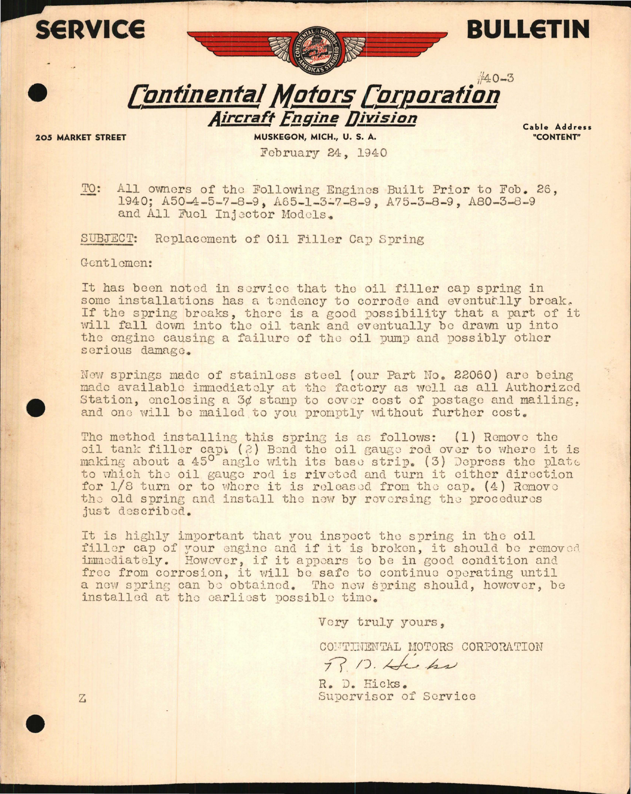 Sample page 1 from AirCorps Library document: Replacement of Oil Filler Cap Spring in A50, A65, A75 and A80 Engines