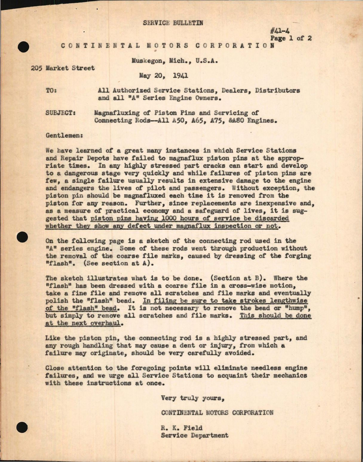 Sample page 1 from AirCorps Library document: Magnafluxing of Piston Pins and Servicing of Connecting Rods in all A50, A65, A75 & A80 Engines