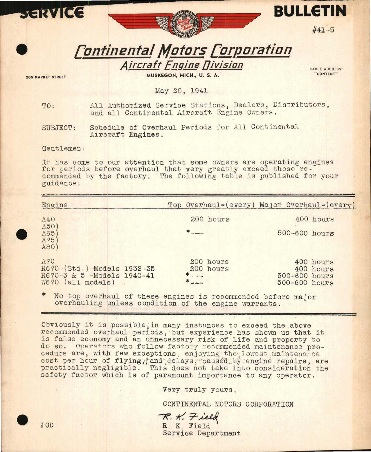 Sample page 1 from AirCorps Library document: Schedule of Overhaul Periods for all Continental Aircraft Engines
