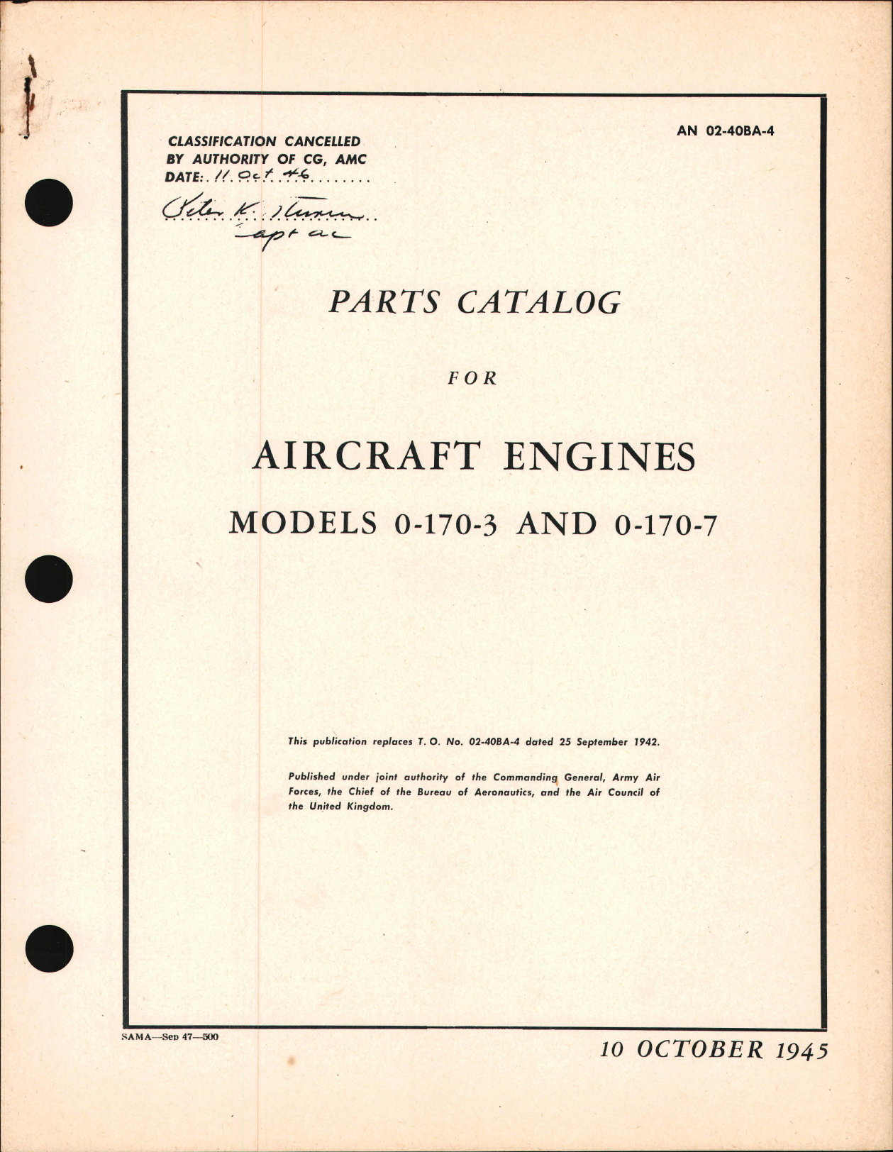 Sample page 1 from AirCorps Library document: Parts Catalog for 0-170-3 and 0-170-7 Engines