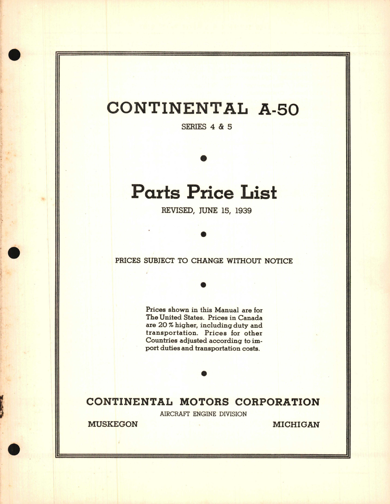 Sample page 1 from AirCorps Library document: Parts Price List for Continental A-50 Series 4 and 5