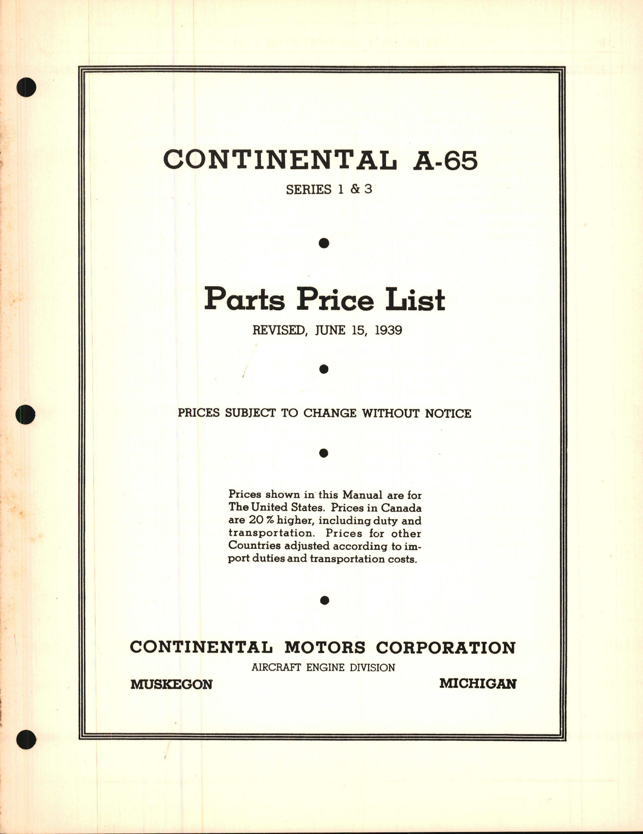Sample page 1 from AirCorps Library document: Parts Price List for Continental A-65 - Series 1 and Series 3