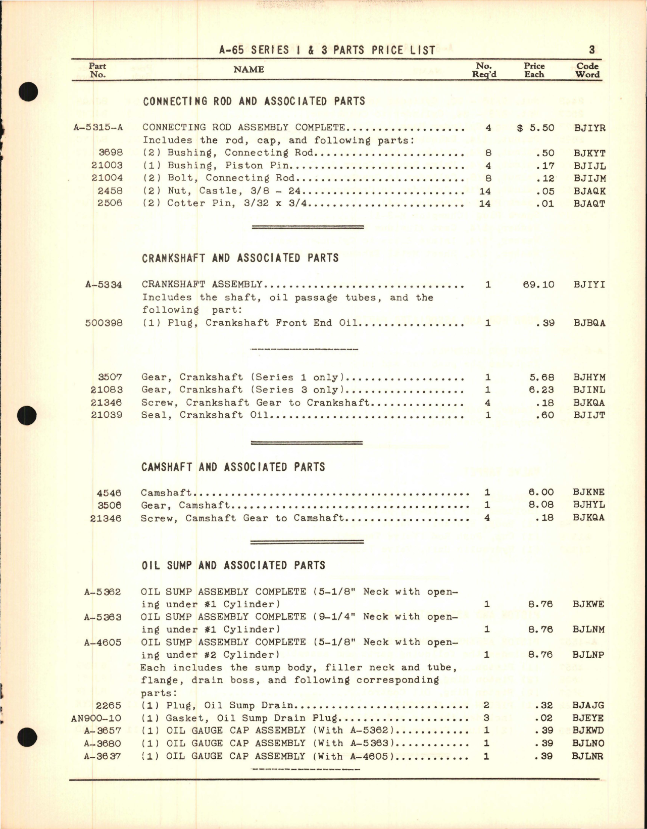 Sample page 5 from AirCorps Library document: Parts Price List for Continental A-65 - Series 1 and Series 3