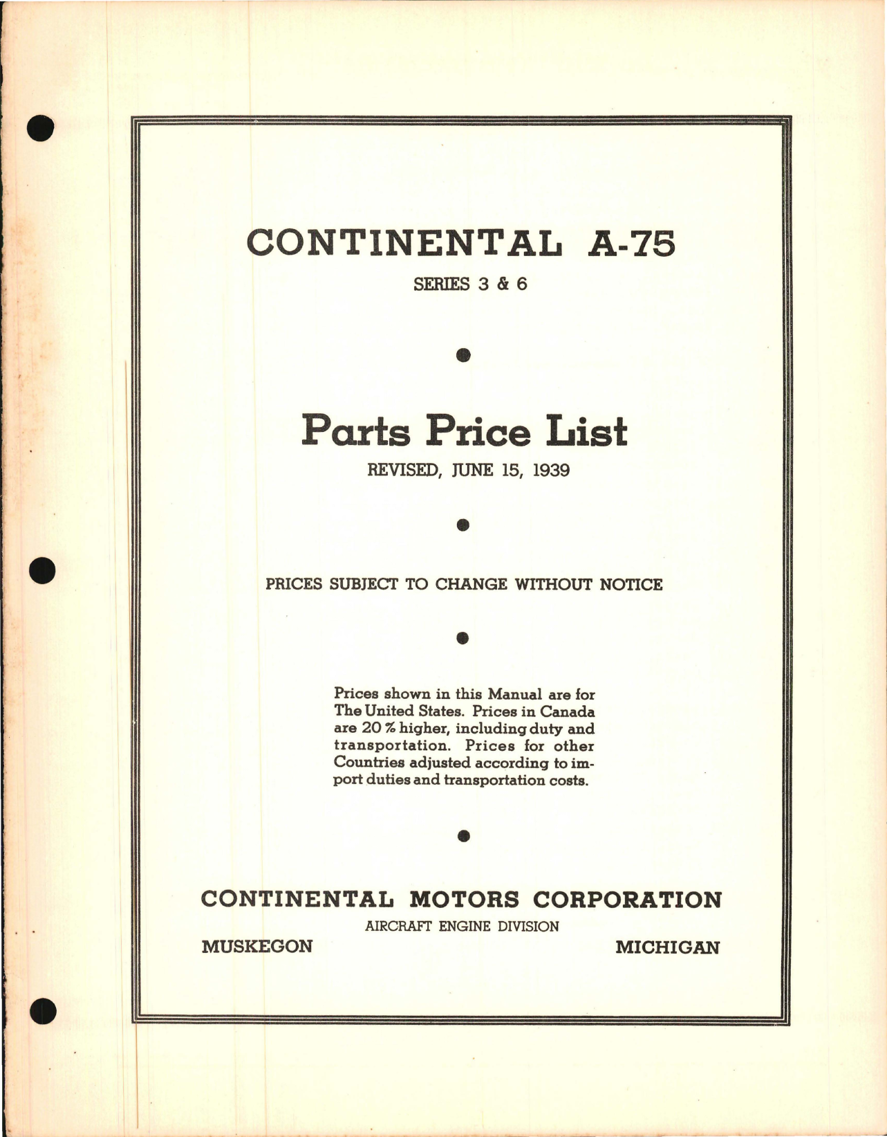 Sample page 1 from AirCorps Library document: Parts Price List for Continental A-75 Series 3 and Series 6