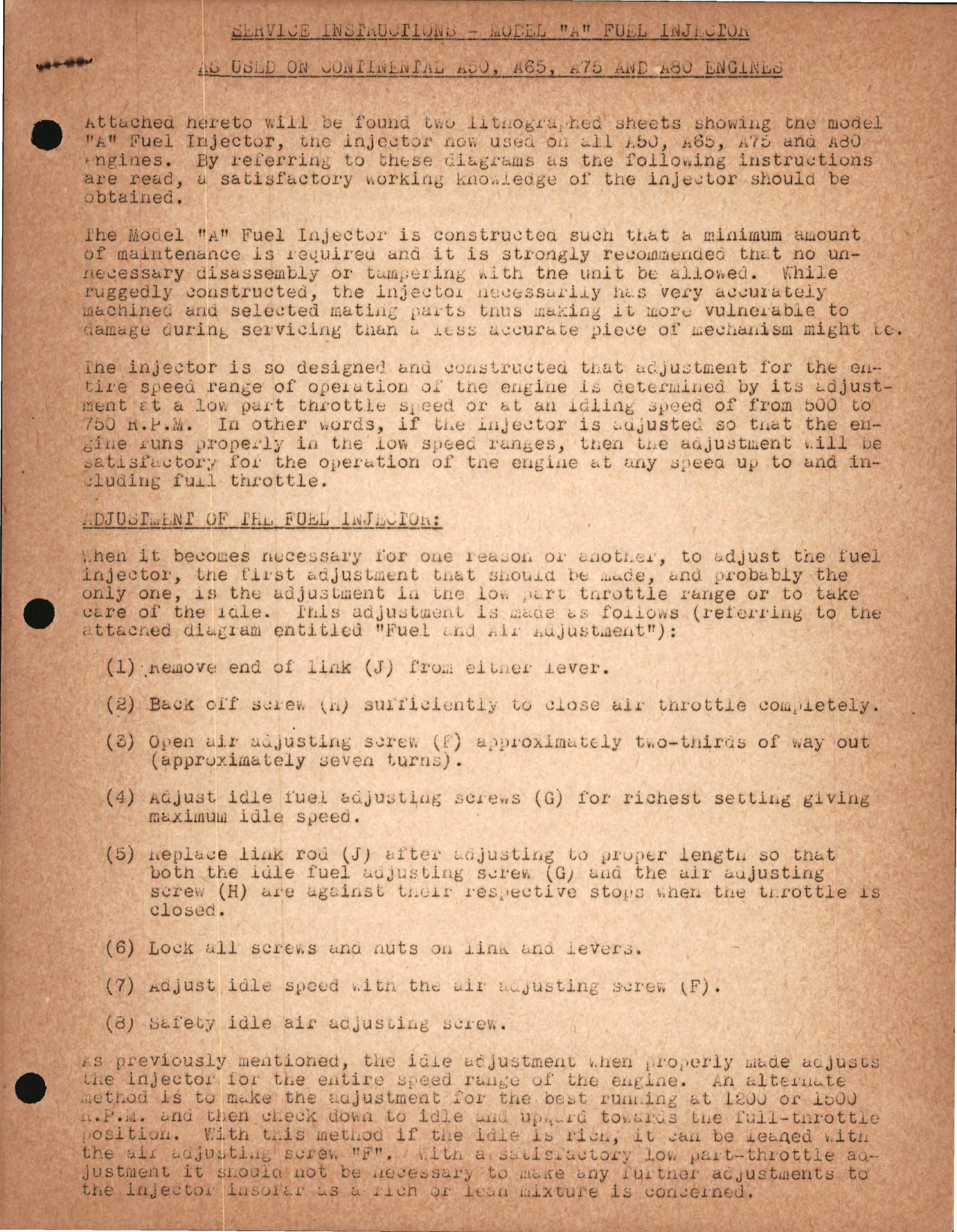 Sample page 1 from AirCorps Library document: Service Instructions for Model A Fuel Injector - Used on Continental A50, A65, A75, and A80 Engines
