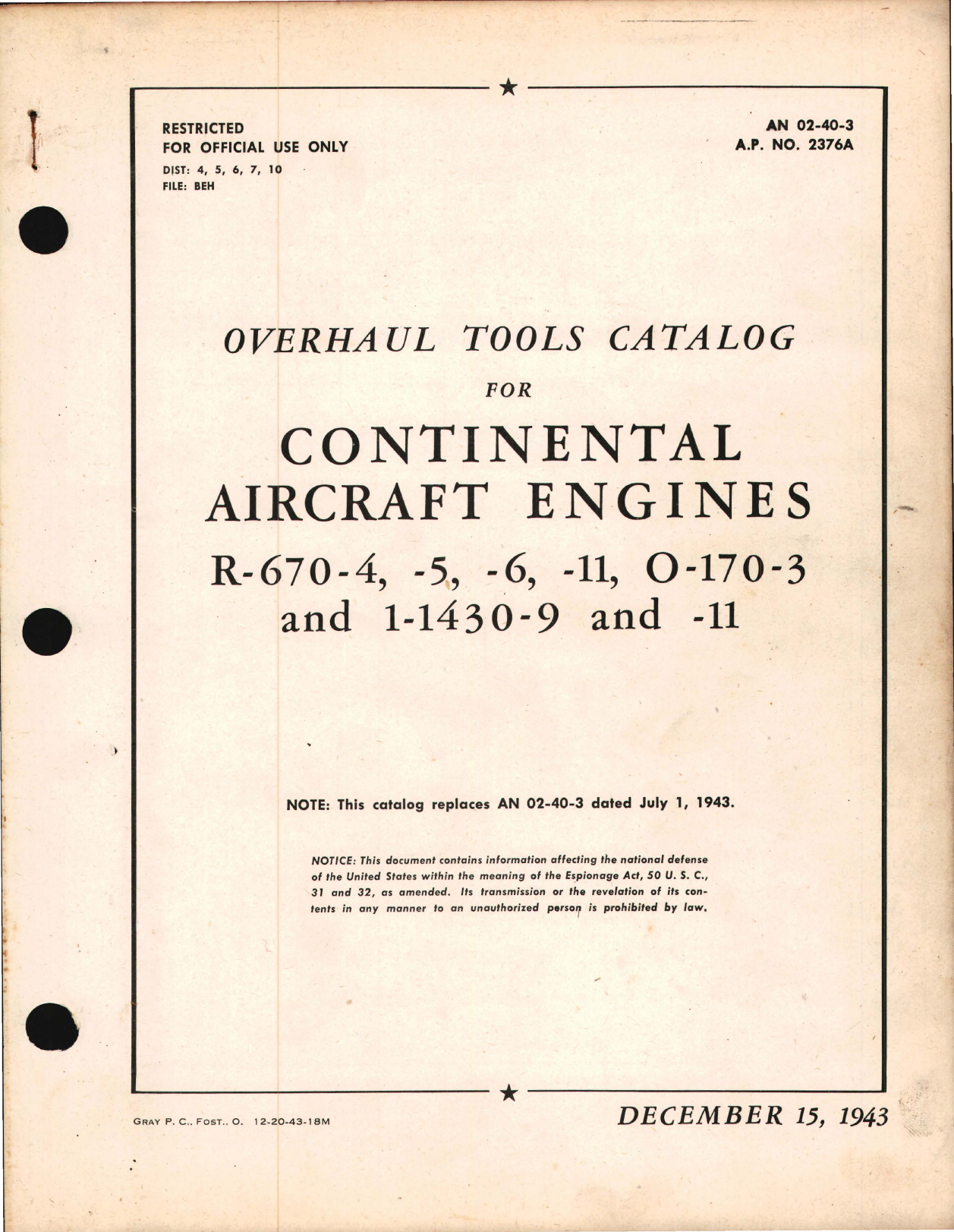 Sample page 1 from AirCorps Library document: Overhaul Tools Catalog for Continental Engines R-670-4, R-670-5, R-670-6, R-670-11, O-170-3, 1-1430-9, and 1-1430-11