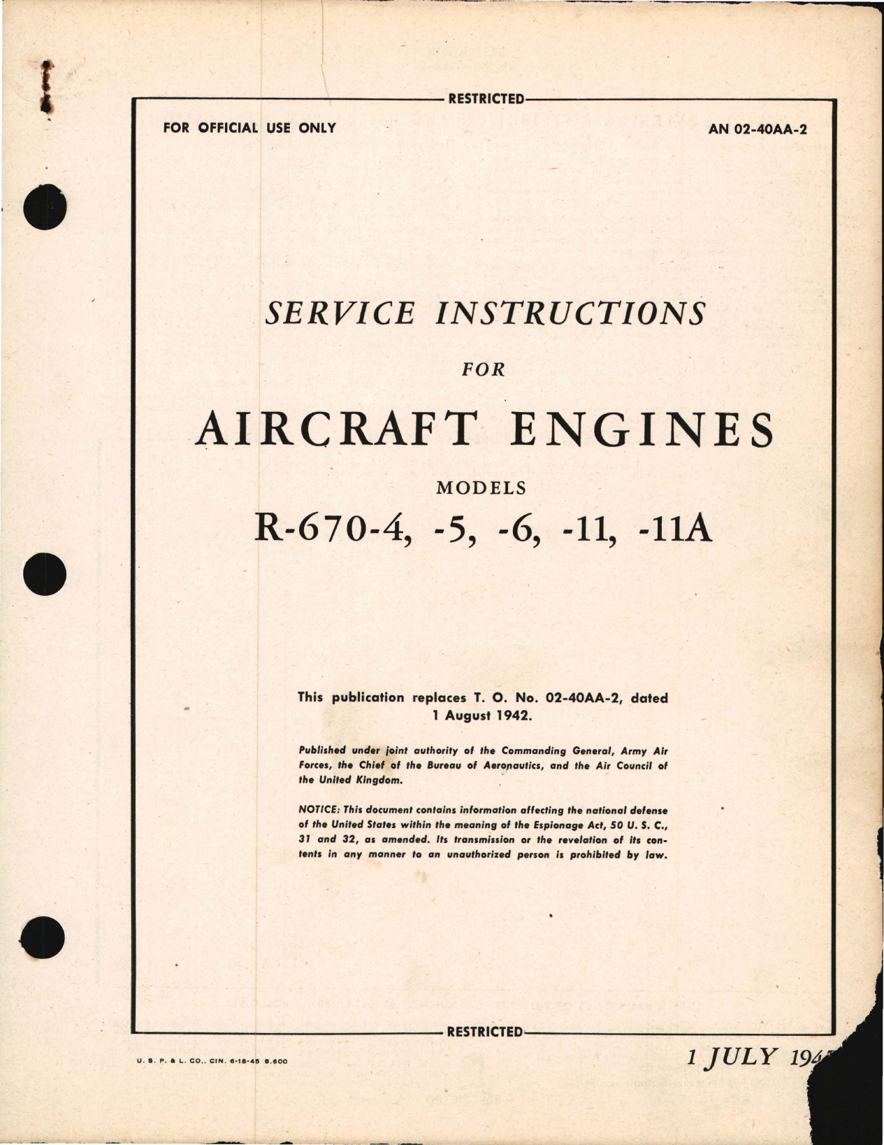 Sample page 1 from AirCorps Library document: Service Instructions for Aircraft Engines R-670-4, R-670-5, R-670-6, R-670-11, and R-670-11A