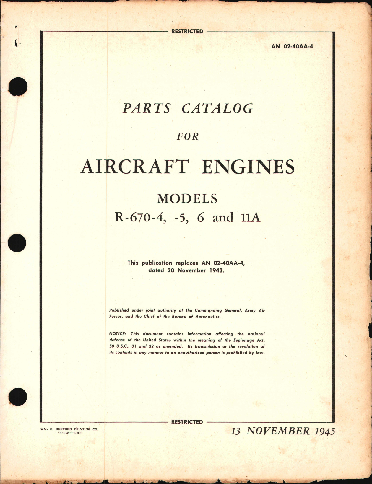 Sample page 1 from AirCorps Library document: Parts Catalog for Aircraft Engines R-670-4, R-670-5, R-670-6, and R-670-11