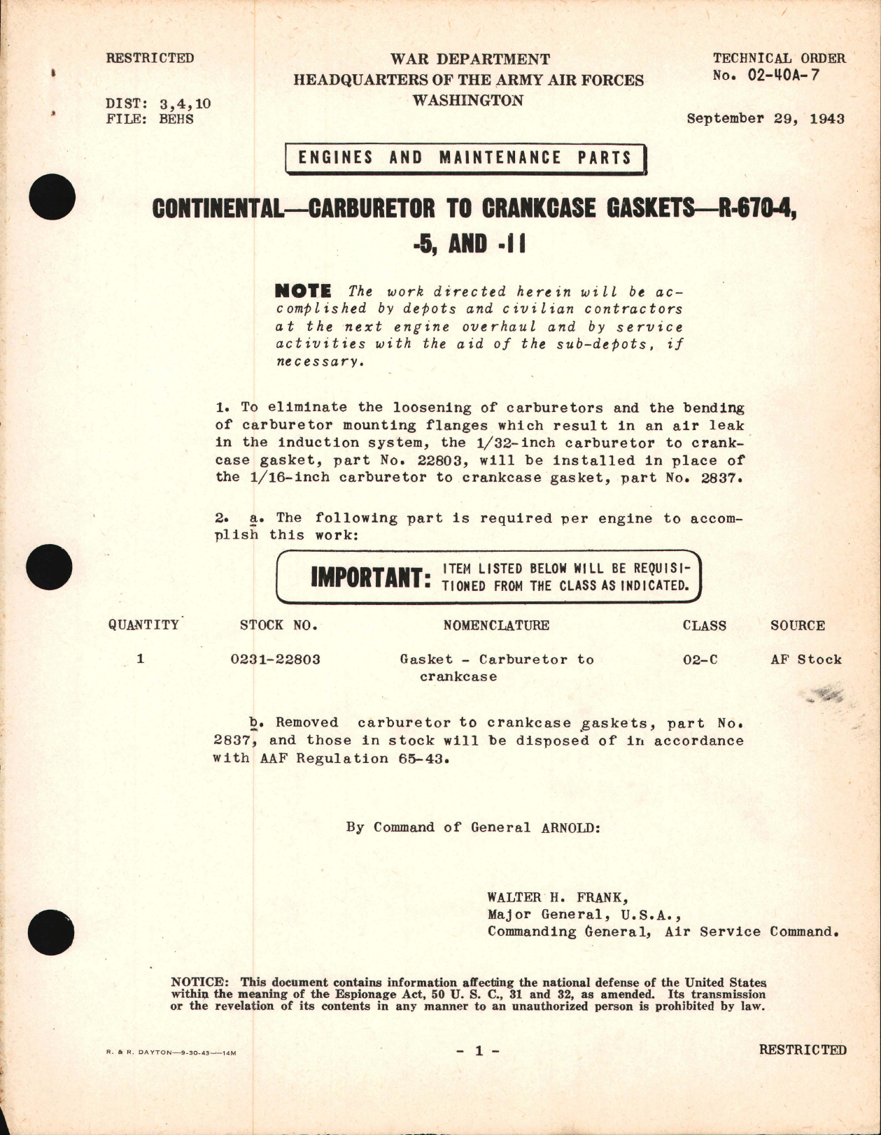 Sample page 1 from AirCorps Library document: Carburetor to Crankcase Gaskets - R-670-4, R-670-5, and R-670-11