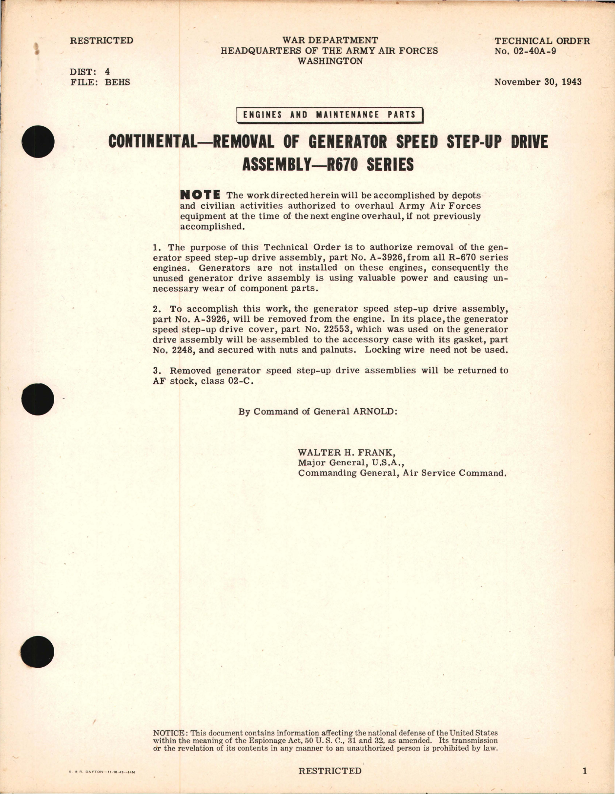 Sample page 1 from AirCorps Library document: Removal of Generator Speed Step-Up Drive Assembly - R-670 Series Engines