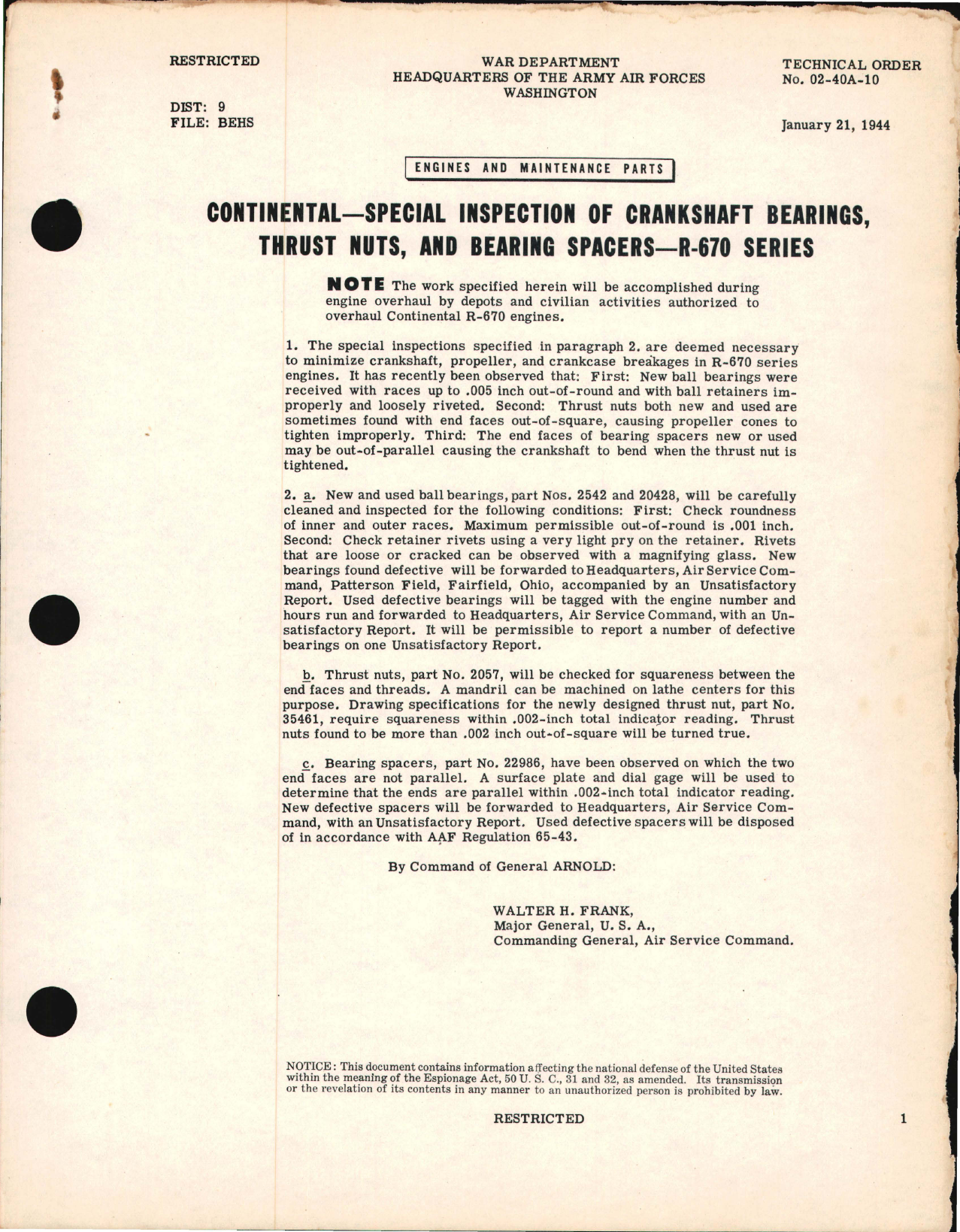 Sample page 1 from AirCorps Library document: Special Inspection of Crankshaft Bearings, Thrust Nuts, and Bearing Spacers - R-670 Series Engines