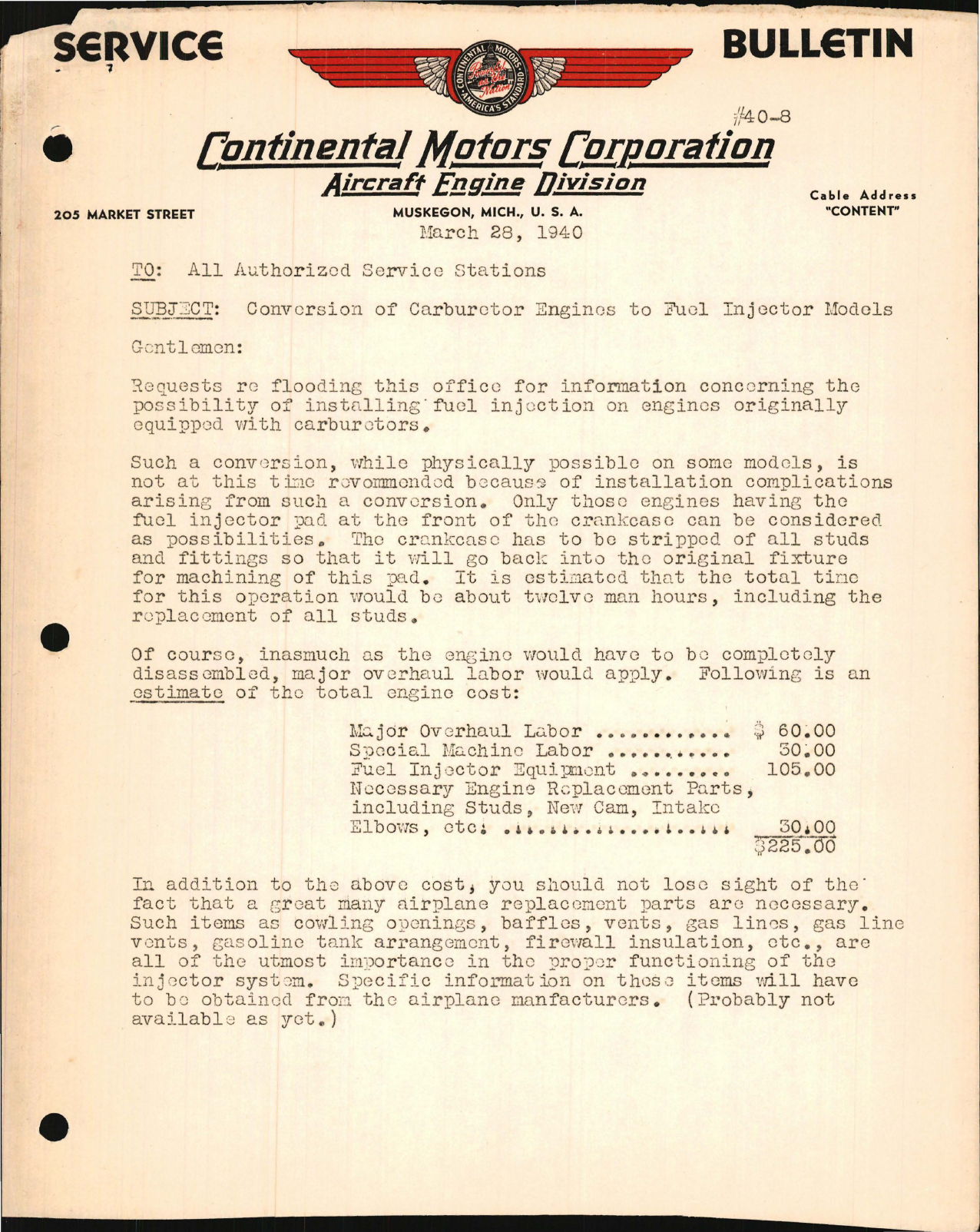 Sample page 1 from AirCorps Library document: Conversion of Carburetor Engines to Fuel Injector Models