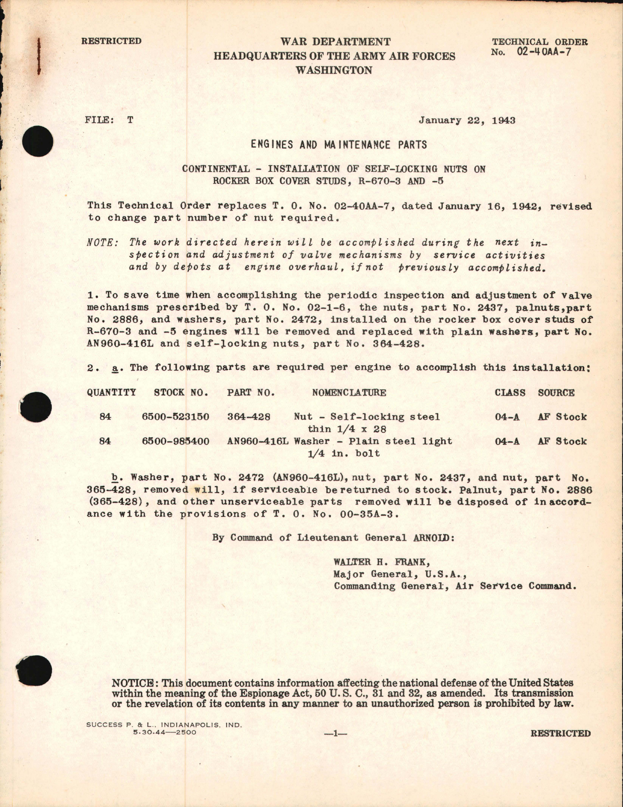 Sample page 1 from AirCorps Library document: Installation of Self-Locking Nuts on Rocker Box Cover Studs - R-670-3 and R-670-5 Engines