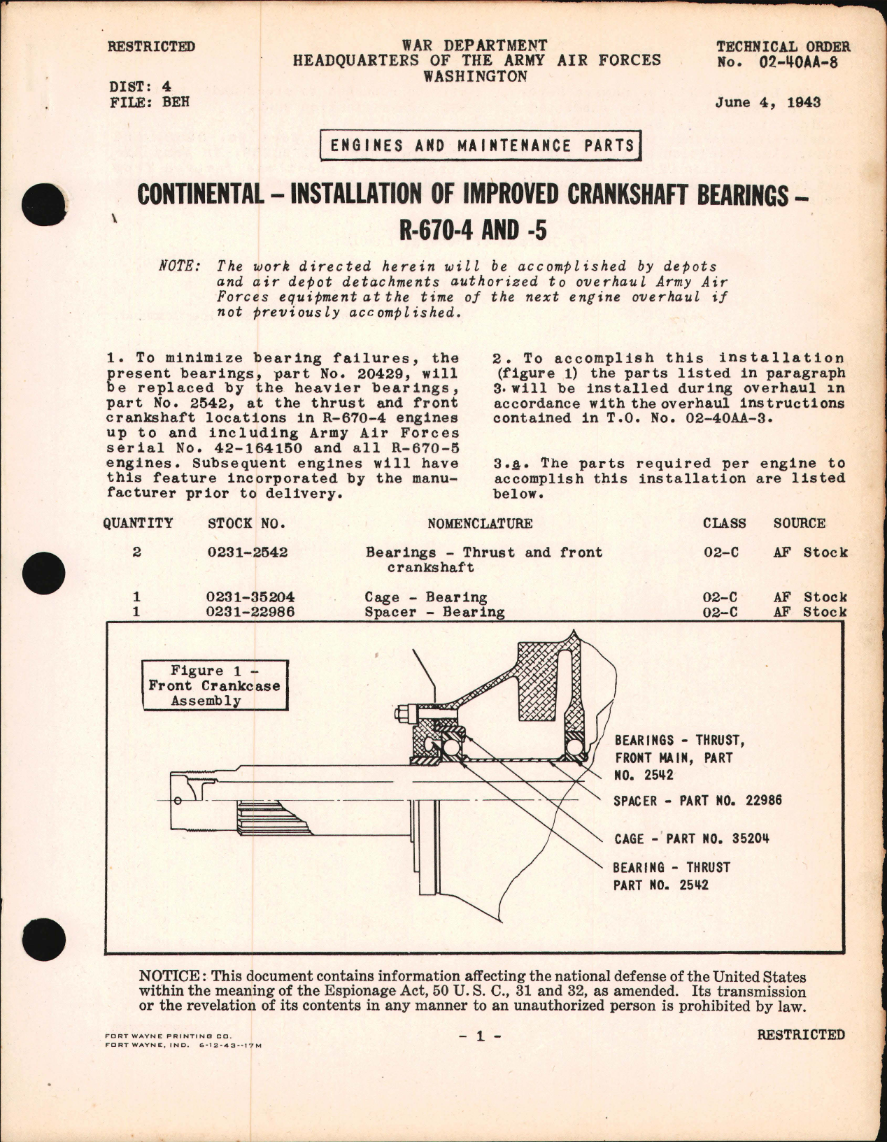 Sample page 1 from AirCorps Library document: Installation of Improved Crankshaft Bearings - R-670-4 and R-670-5 Engines