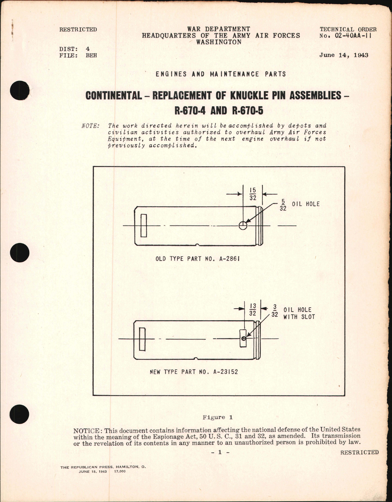 Sample page 1 from AirCorps Library document: Replacement of Knuckle Pin Assemblies - R-670-4 and R-670-5 Engines