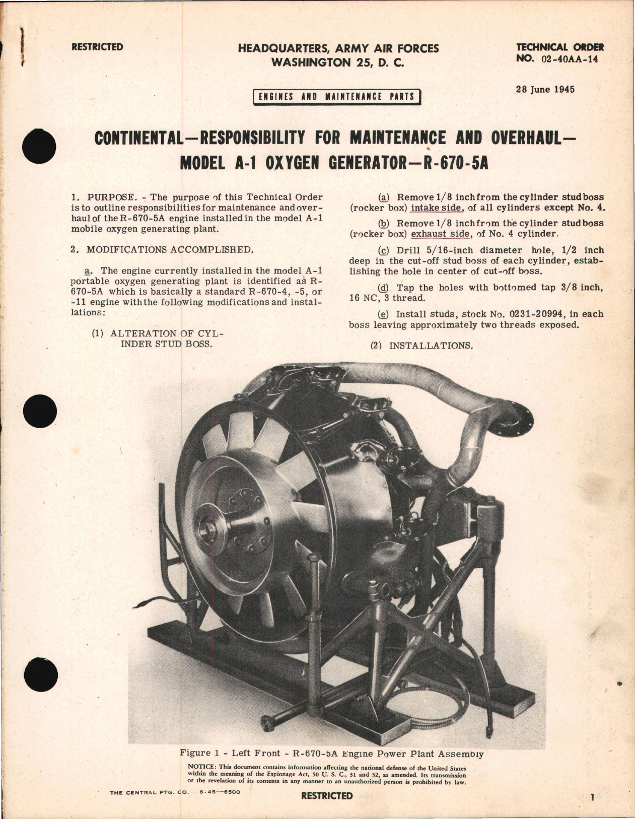 Sample page 1 from AirCorps Library document: Responsibility for Maintenance and Overhaul - Model A-1 Oxygen Generator - R-670-5A Engine
