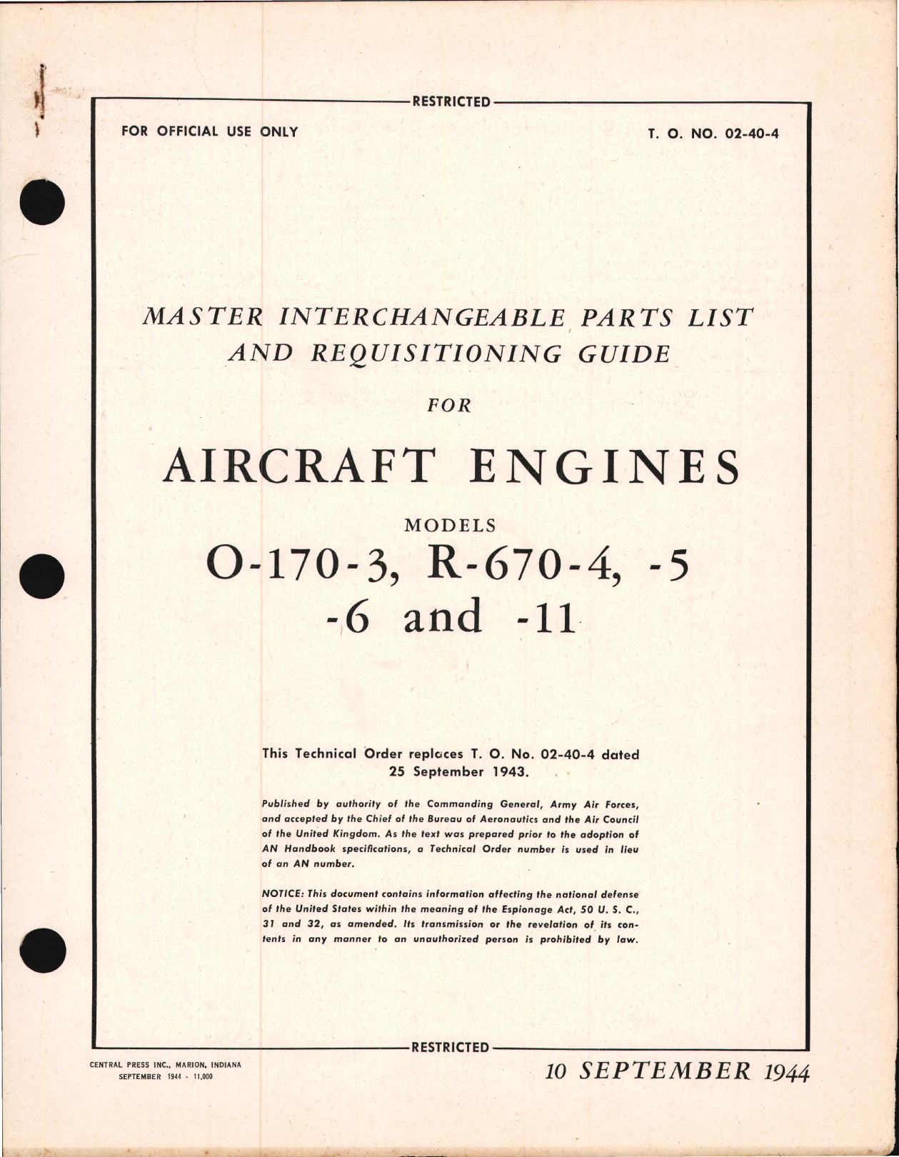 Sample page 1 from AirCorps Library document: Master Interchangeable Parts List & Requisitioning Guide for O-170-3, R-670-4, R-670-5, R-670-6, and R-670-11 Engines