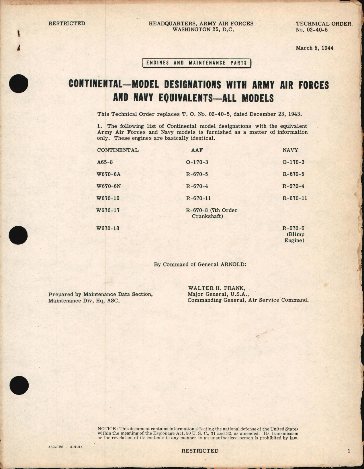 Sample page 1 from AirCorps Library document: Model Designations with Army Air Forces and Navy Equivalents - A65, W670, O-170, and R-670 Series Engines