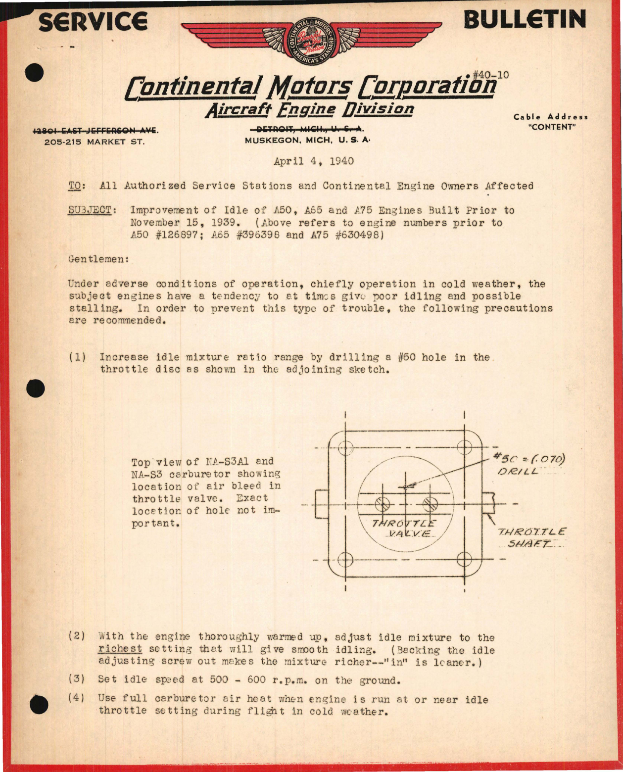 Sample page 1 from AirCorps Library document: Improvement of Idle of A50, A65, and A75 Engines Prior to 15-Nov-1939