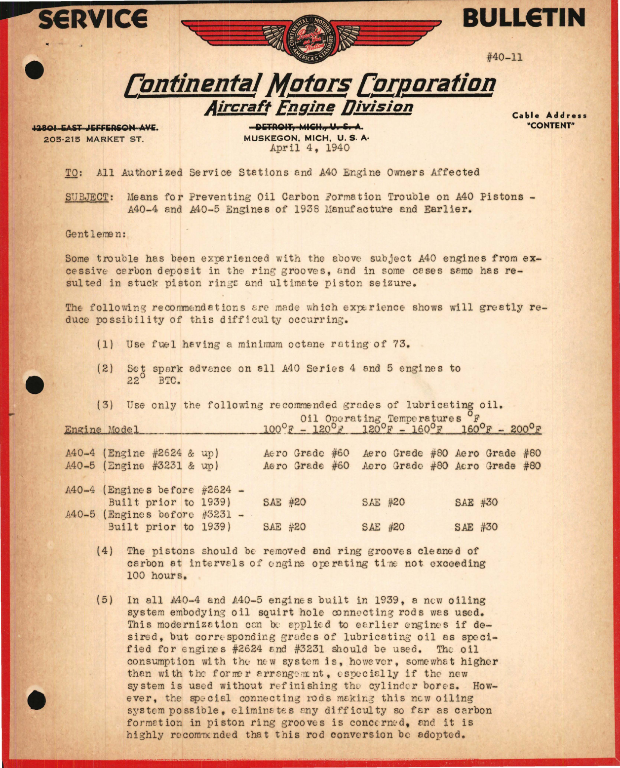 Sample page 1 from AirCorps Library document: Means for Preventing Oil Carbon Formation Trouble on A40 Pistons - A40-4 and A40-5 Engines of 1938 and Earlier