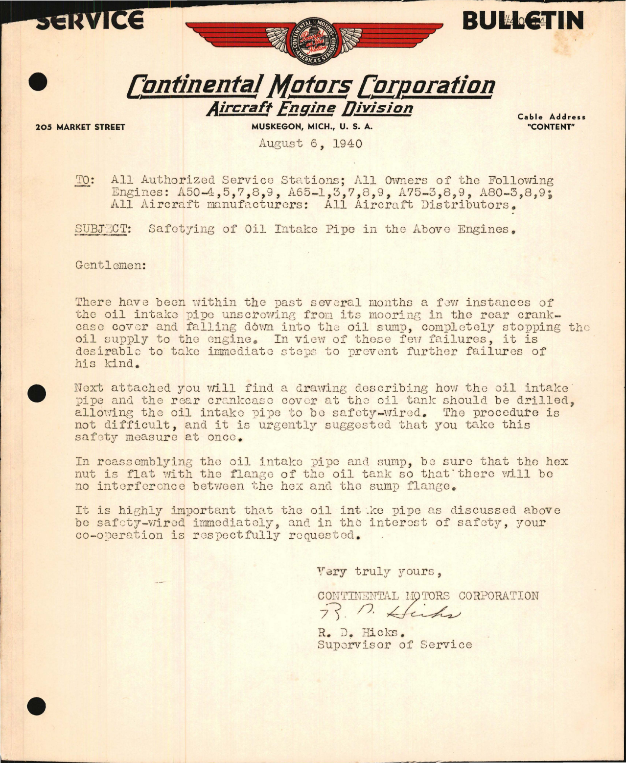 Sample page 1 from AirCorps Library document: Safetying of Oil Intake Pipe in A-50, A-65, A-75 and A-80 Engines