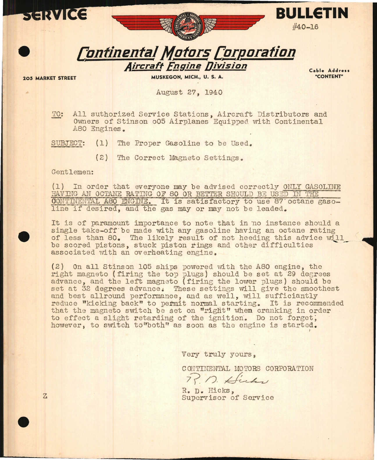 Sample page 1 from AirCorps Library document: Proper Gasoline to be Used and Correct Magneto Settings