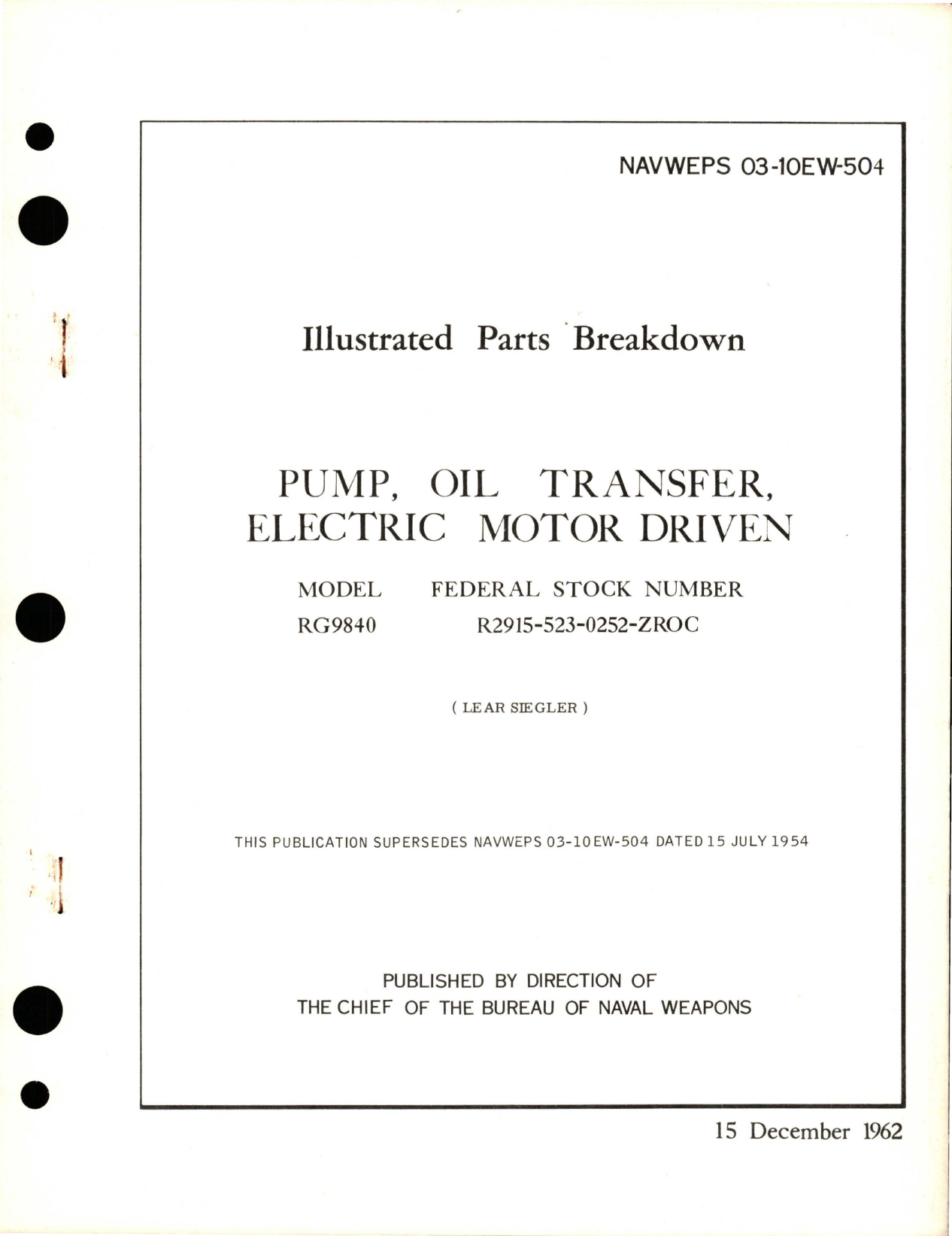 Sample page 1 from AirCorps Library document: Illustrated Parts Breakdown for Electric Motor Driven Oil Transfer Pump - Model RG9840