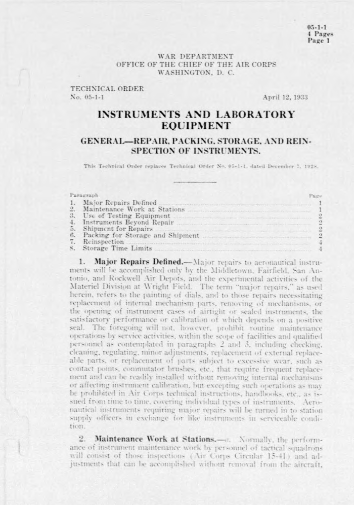 Sample page 1 from AirCorps Library document: Instruments and Laboratory Equipment - General Repair, Packing, Storage, and Reinspection of Instruments