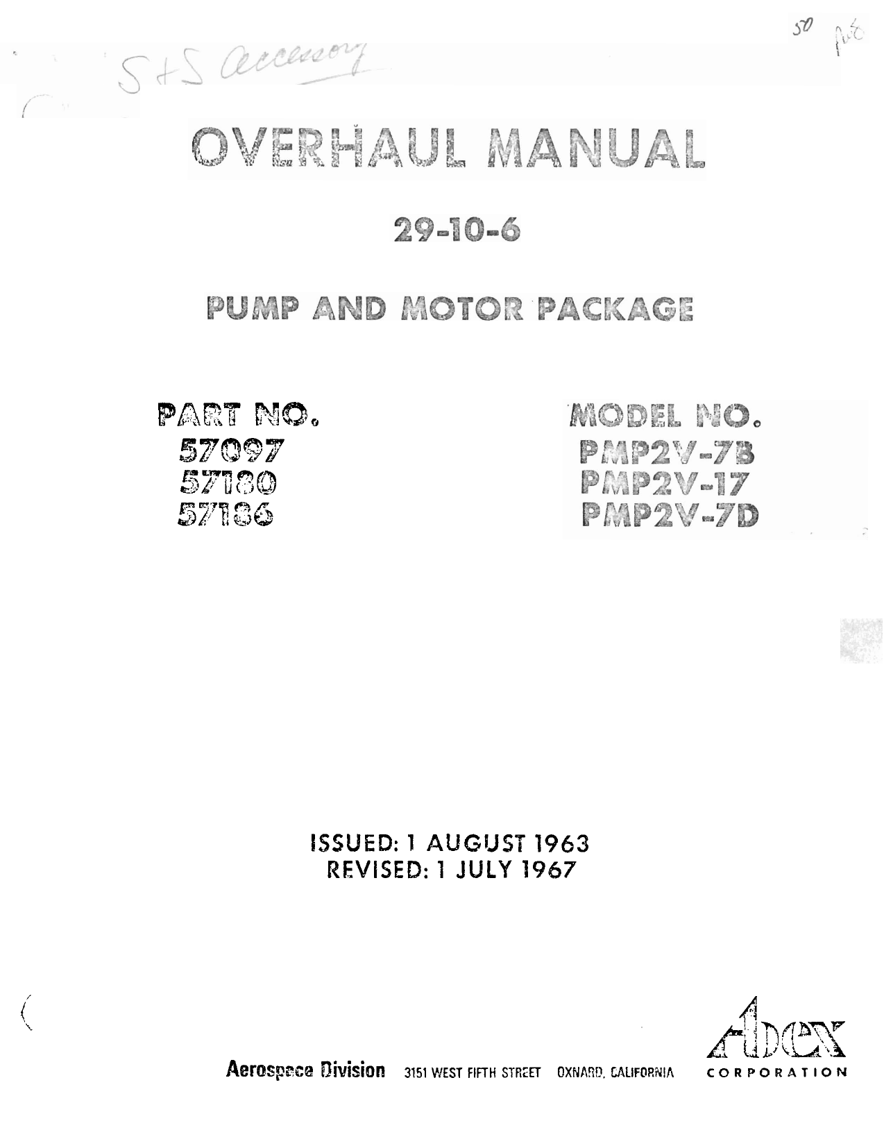 Sample page 1 from AirCorps Library document: Overhaul Manual for Pump and Motor Package - Parts 57097, 57180, and 57186